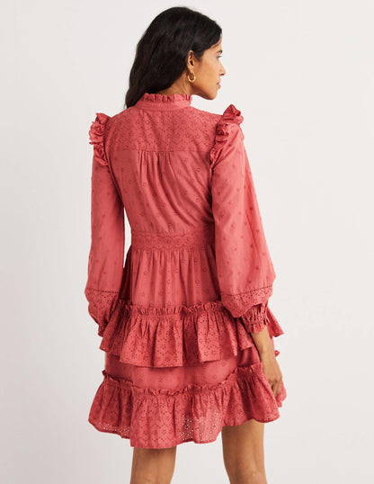 Mixed Broderie Shirt Dress-Dusty Red