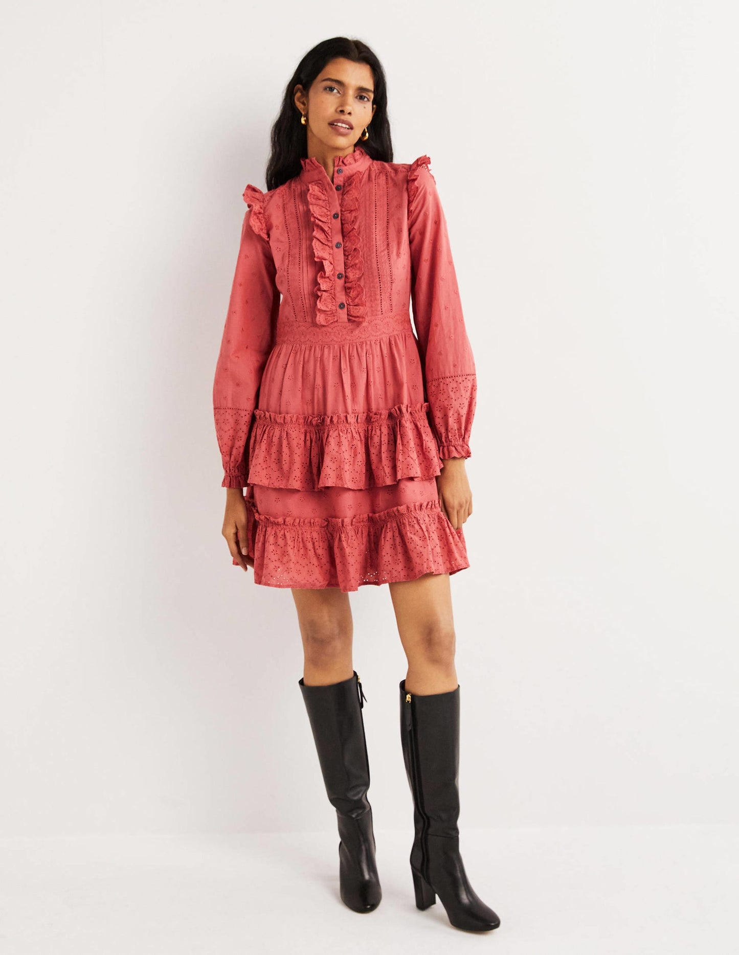 Mixed Broderie Shirt Dress-Dusty Red