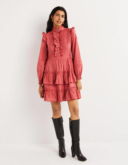 Mixed Broderie Shirt Dress-Dusty Red