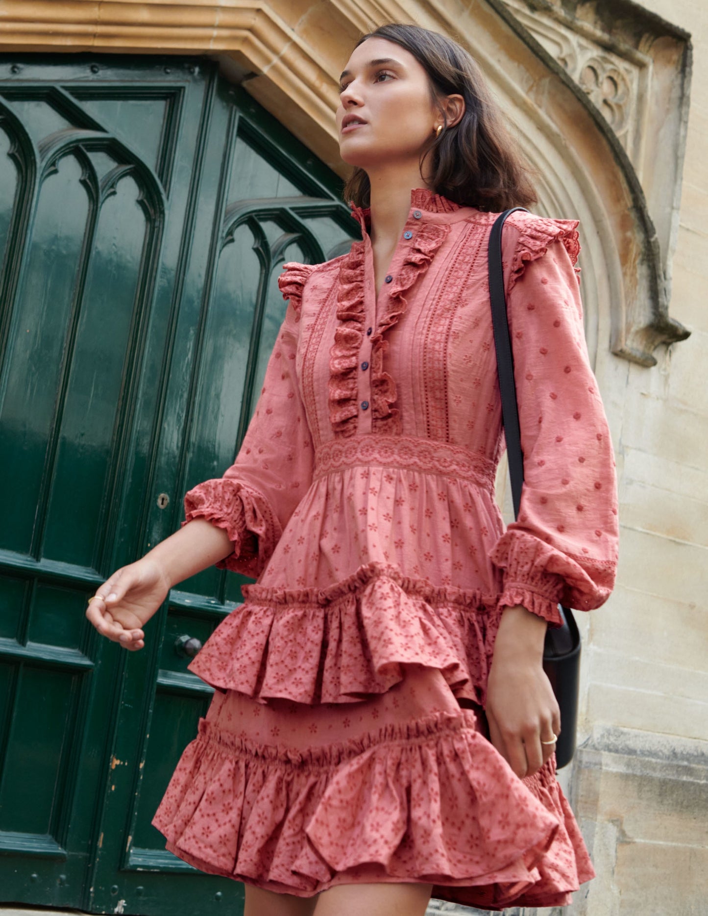 Mixed Broderie Shirt Dress-Dusty Red