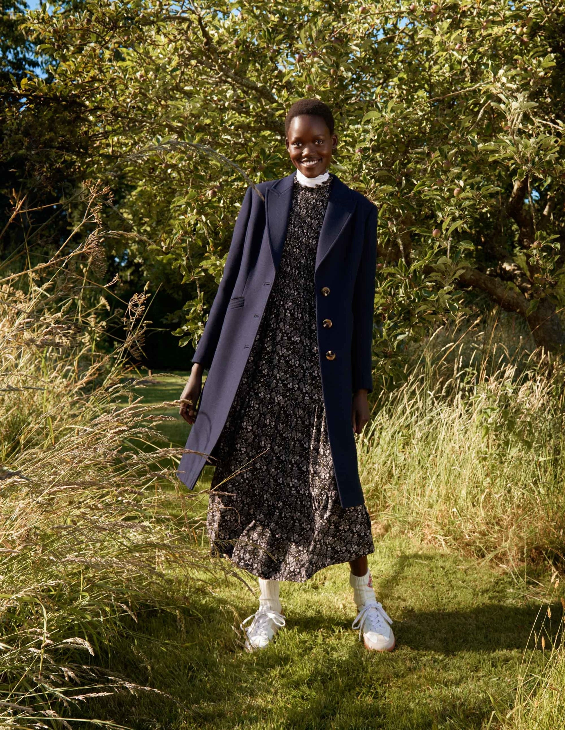 Robe midi à smocks et volants-Noir, motif Prairie Garden-5