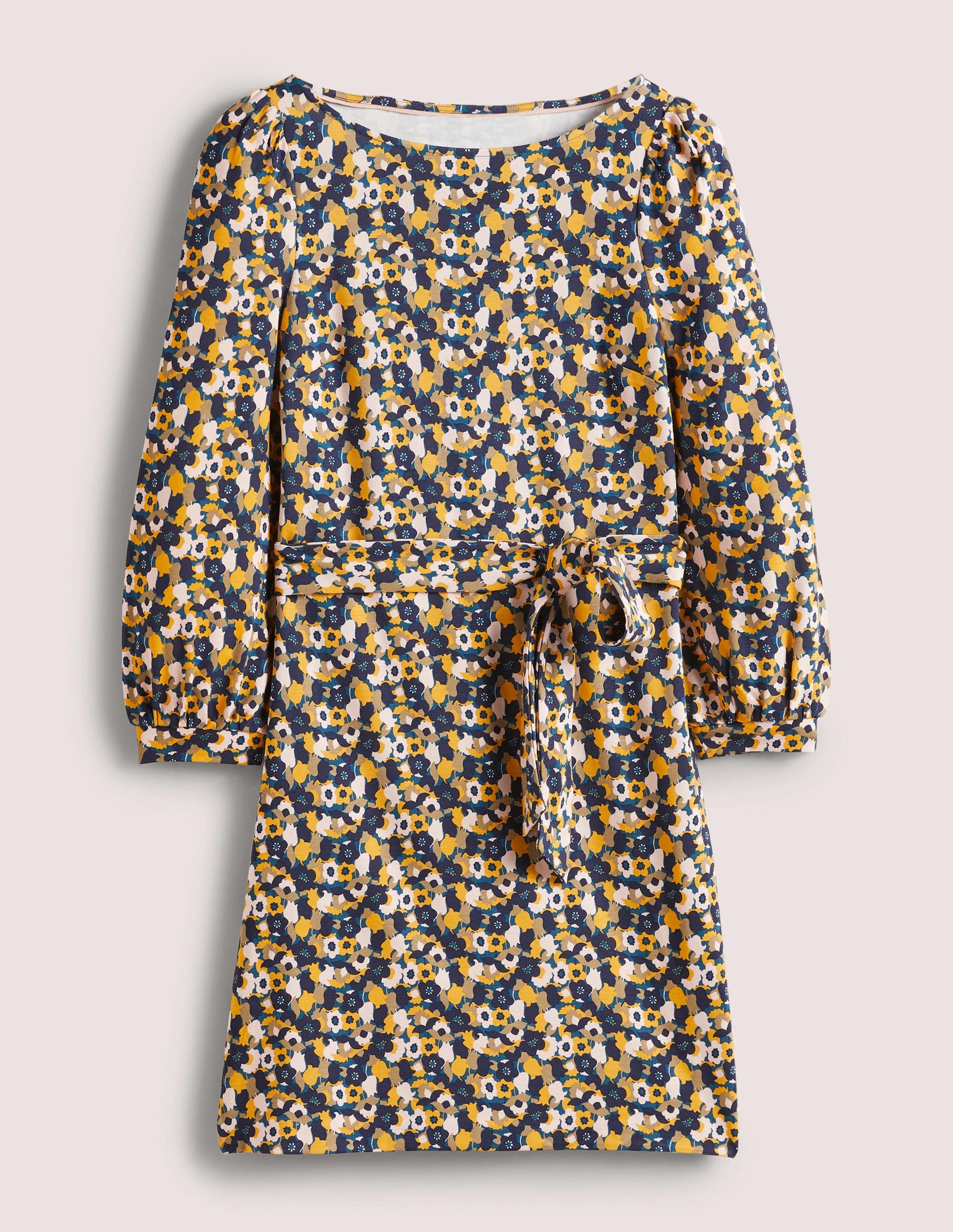 Tie Detail Jersey Shift Dress-Navy, Tulip Cluster - Image 5