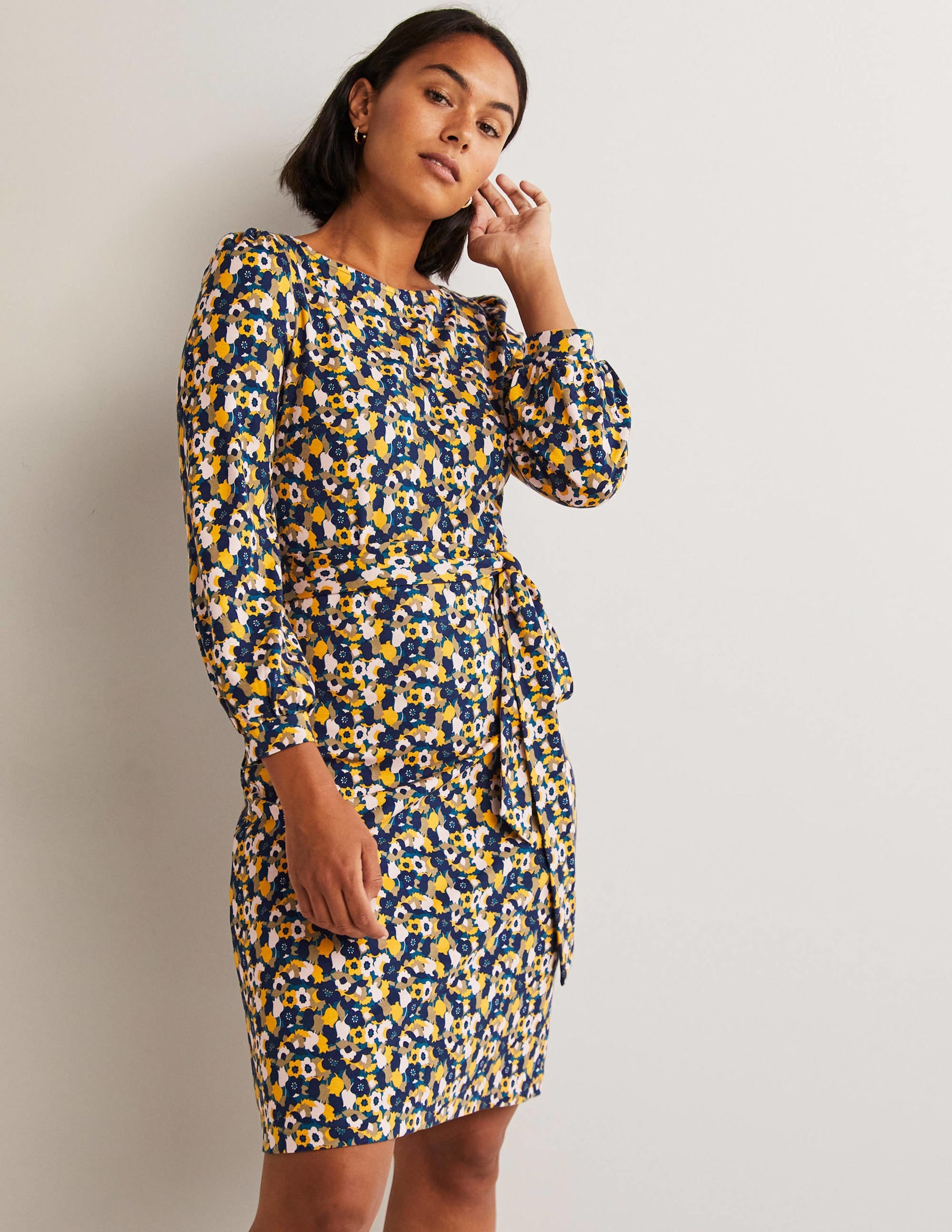 Tie Detail Jersey Shift Dress-Navy, Tulip Cluster - Image 1