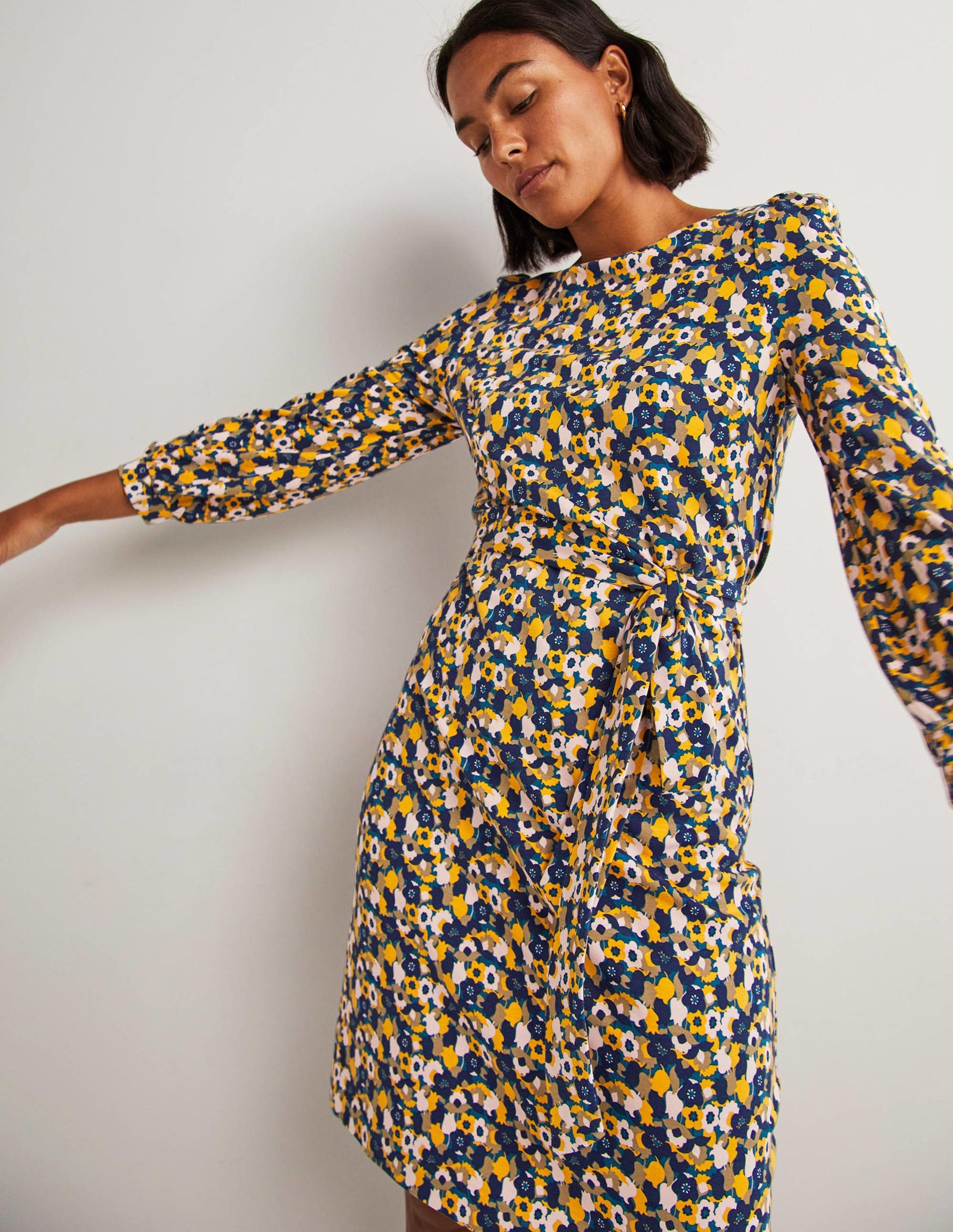 Tie Detail Jersey Shift Dress-Navy, Tulip Cluster-4