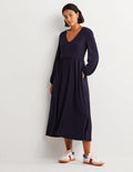 Robe midi en jersey à manches longues-Bleu marine