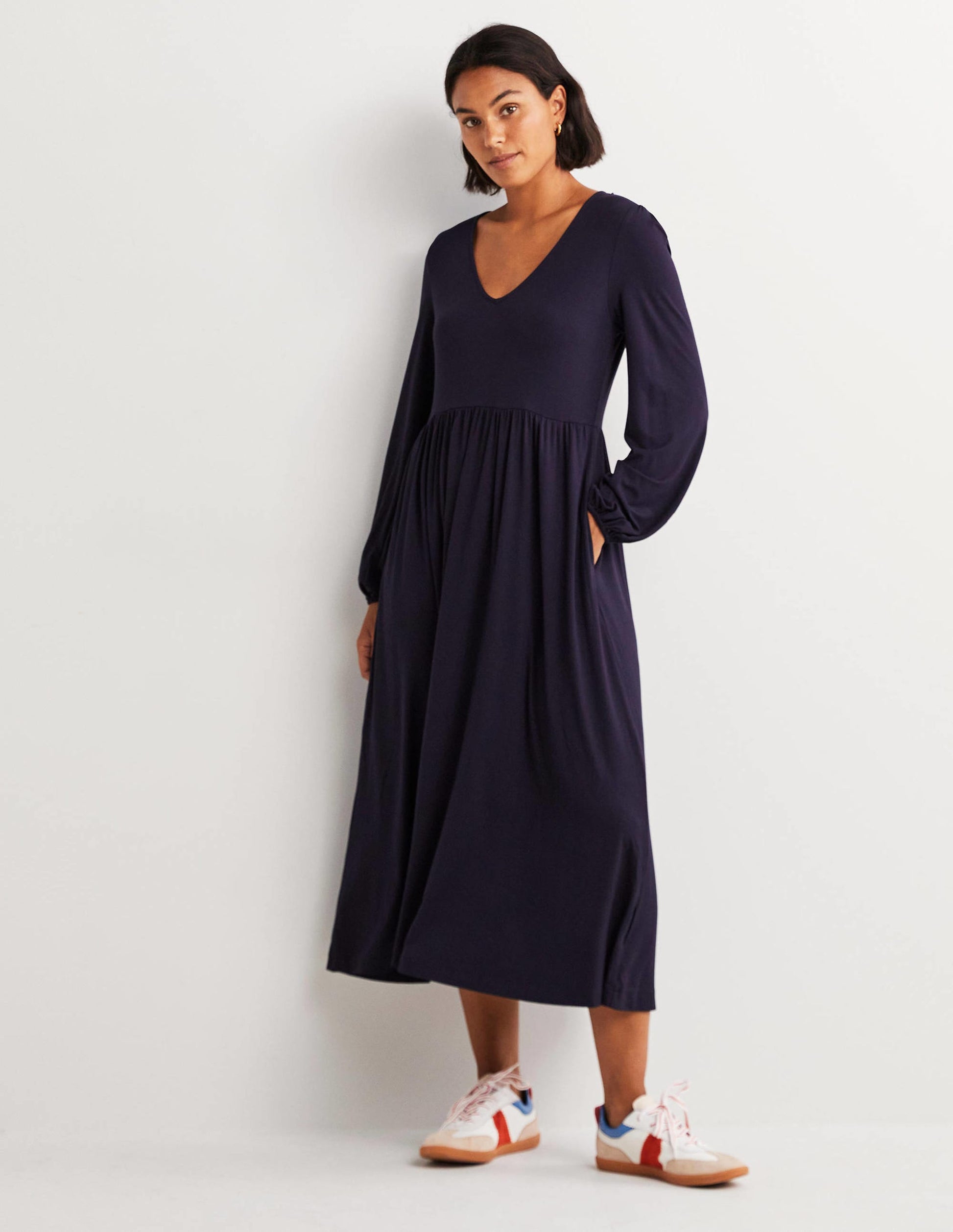 Robe midi en jersey à manches longues-Bleu marine-1