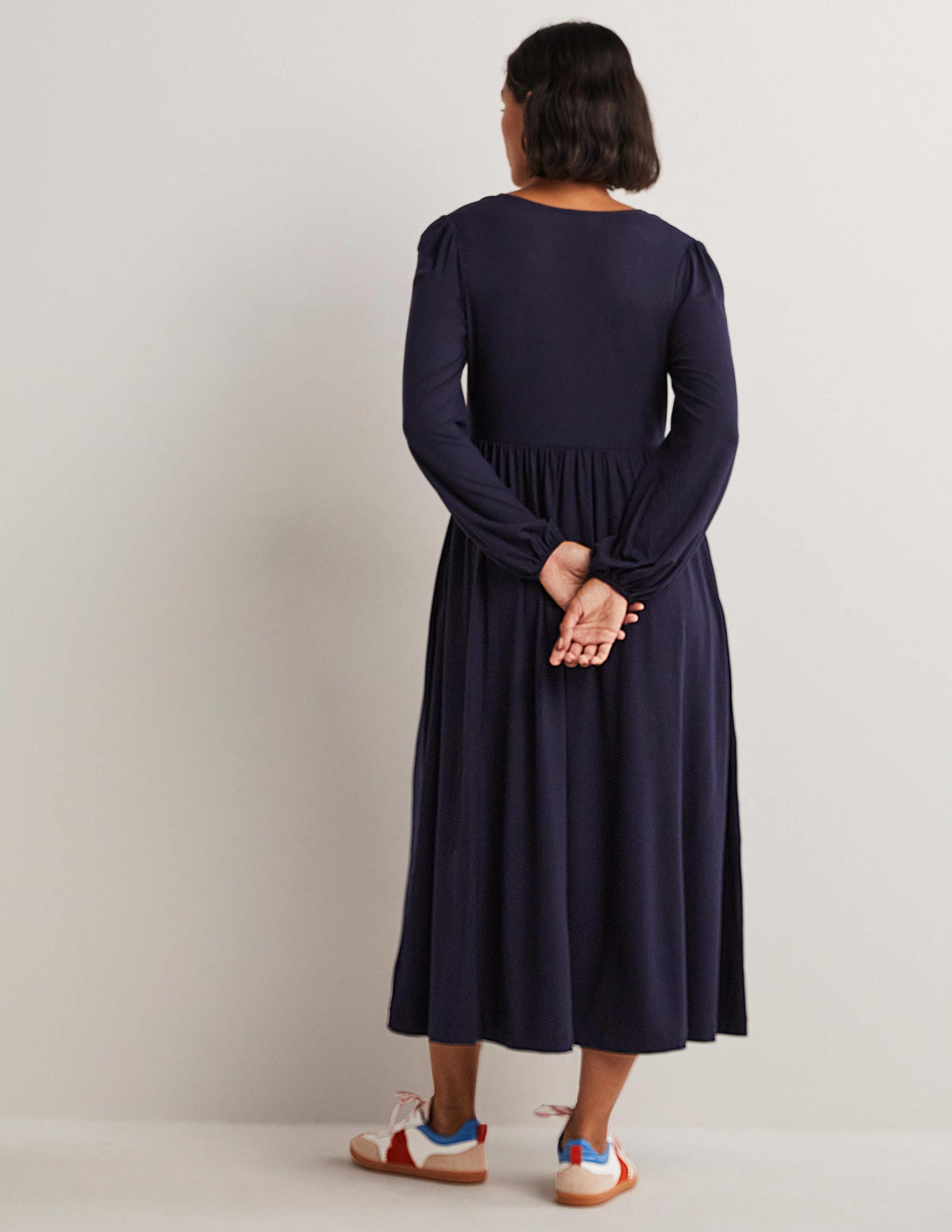 Robe midi en jersey à manches longues-Bleu marine-3