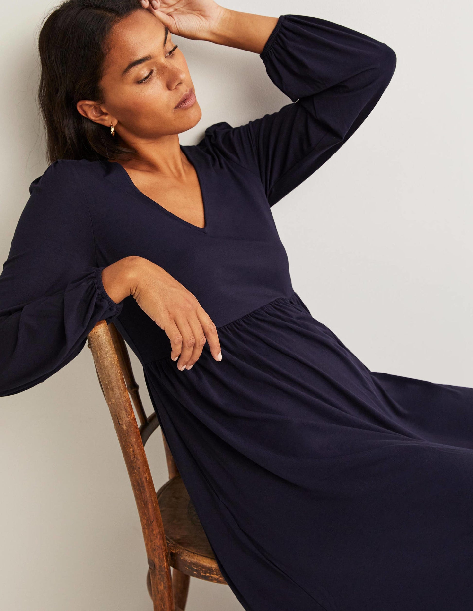 Robe midi en jersey à manches longues-Bleu marine-4