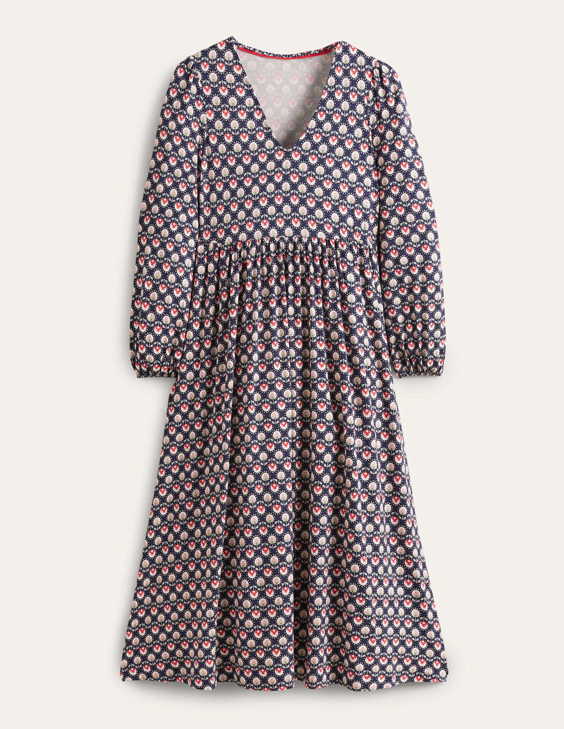 Jersey-Midikleid mit langen Ärmeln-Französisches Navy, Knospenmuster-6