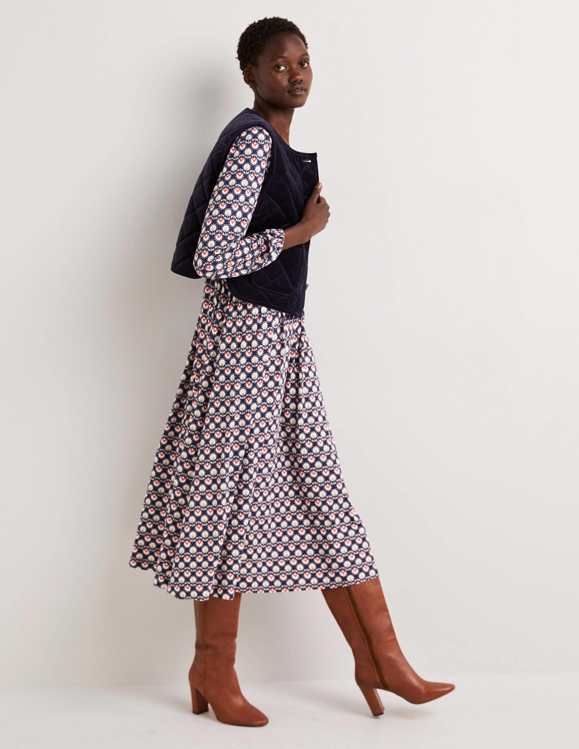 Jersey-Midikleid mit langen Ärmeln-Französisches Navy, Knospenmuster-5