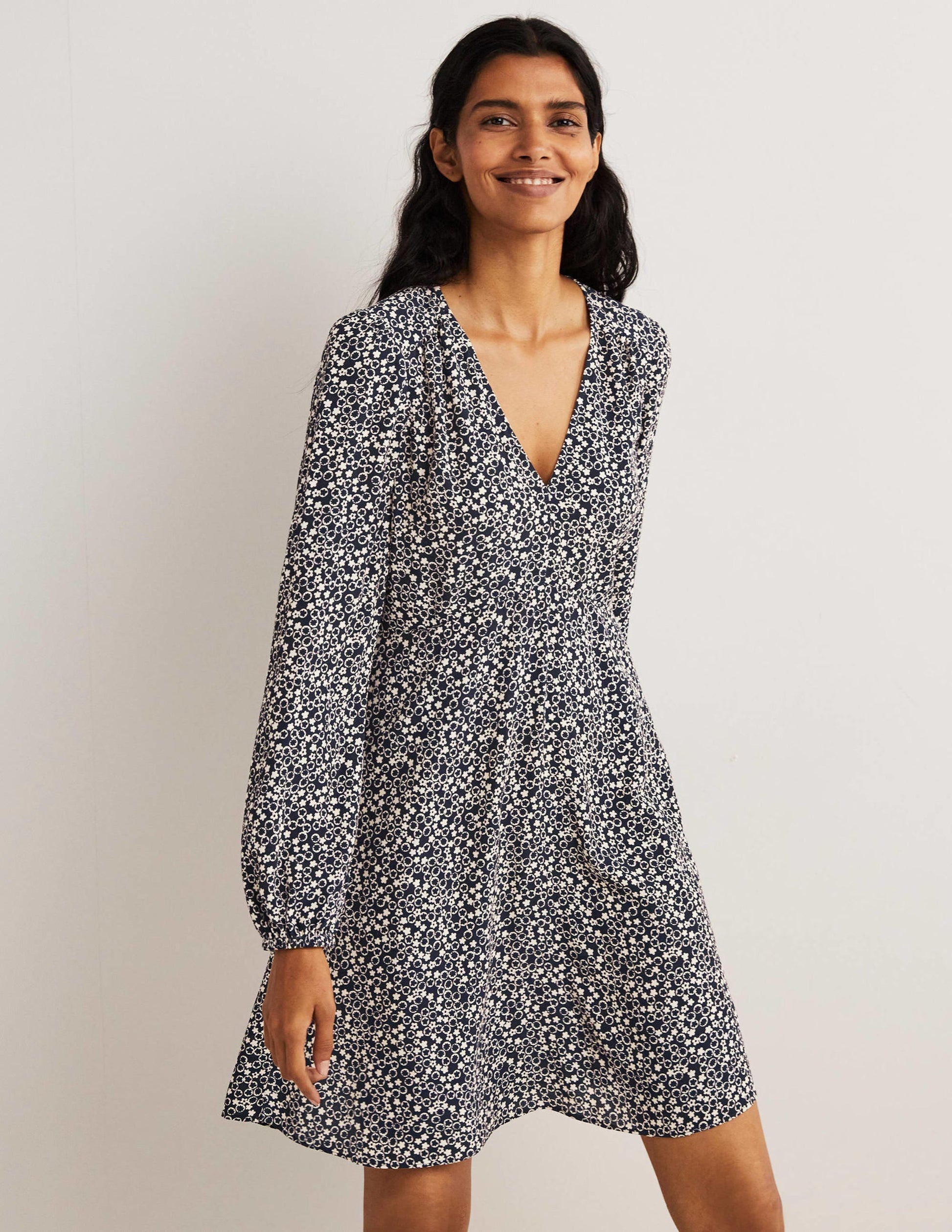 Kleid mit V-Ausschnitt-Französisches Navy, Blumenmuster-1