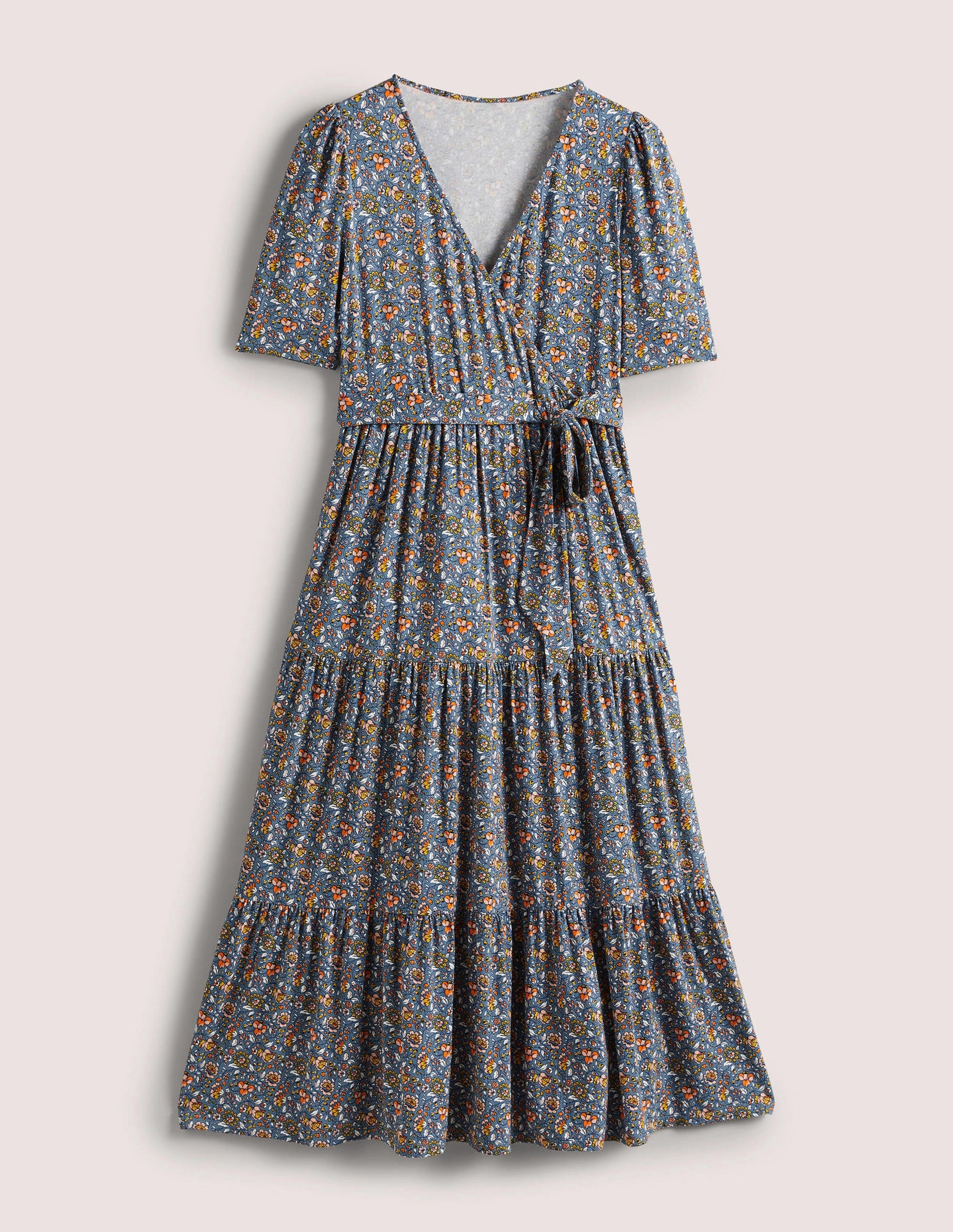 Robe portefeuille longue en jersey à volants-Bleu marine, motif Botanic Meadow-6