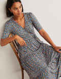 Robe portefeuille longue en jersey à volants-Bleu marine, motif Botanic Meadow