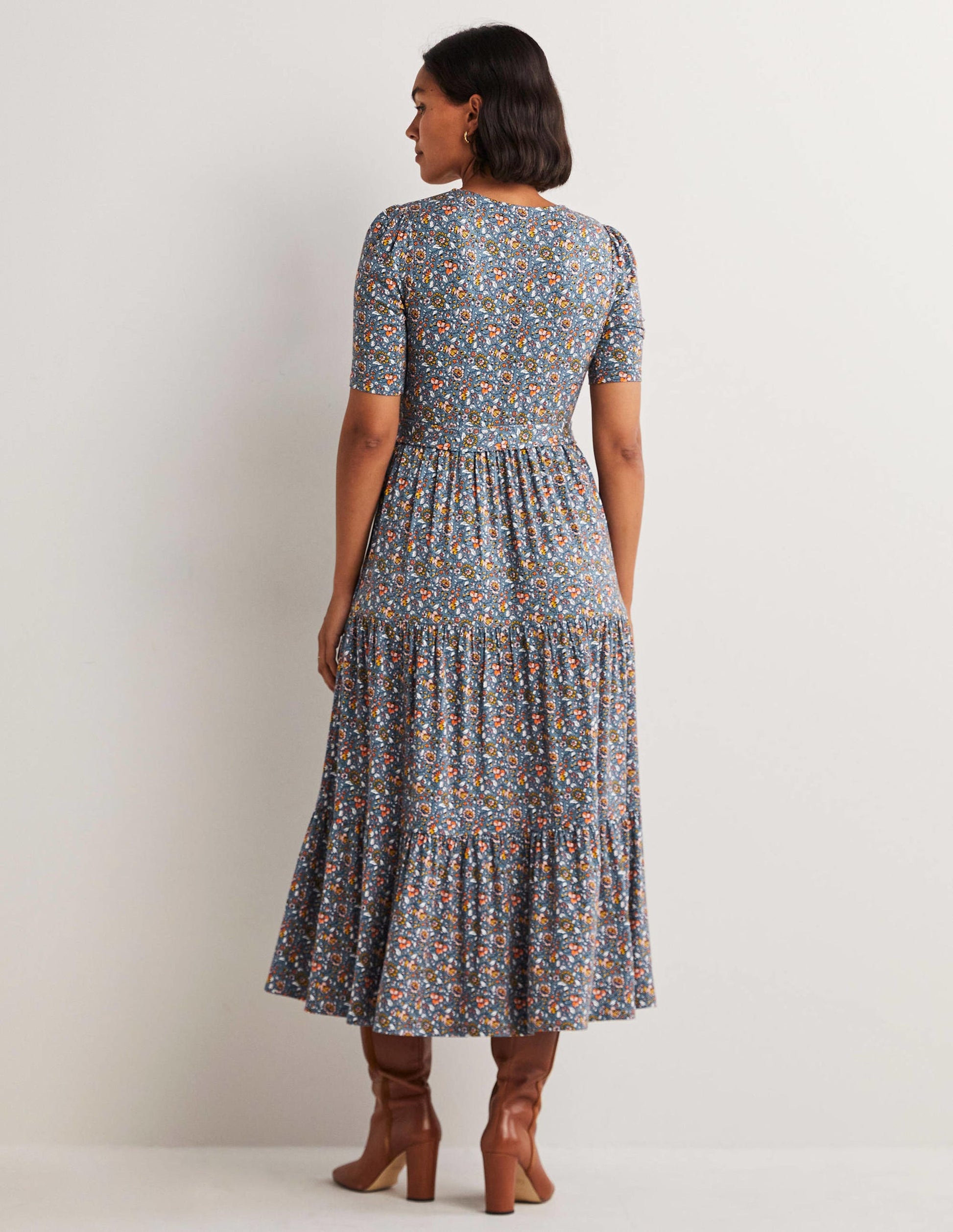 Robe portefeuille longue en jersey à volants-Bleu marine, motif Botanic Meadow-4