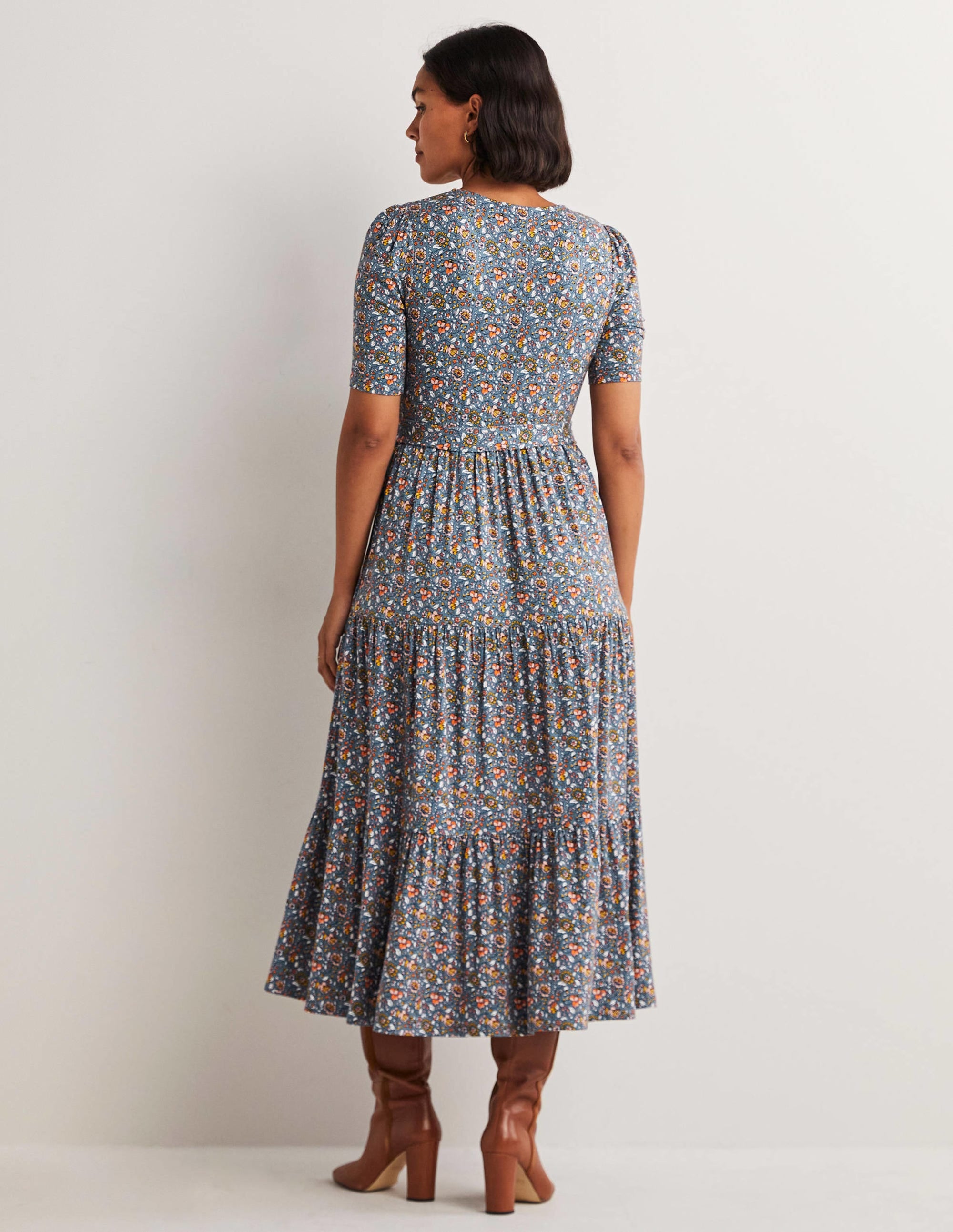 Robe portefeuille longue en jersey à volants-Bleu marine, motif Botanic Meadow - Image 4