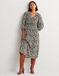 Robe midi à taille smockée-Noir, motif Abstract Ditsy