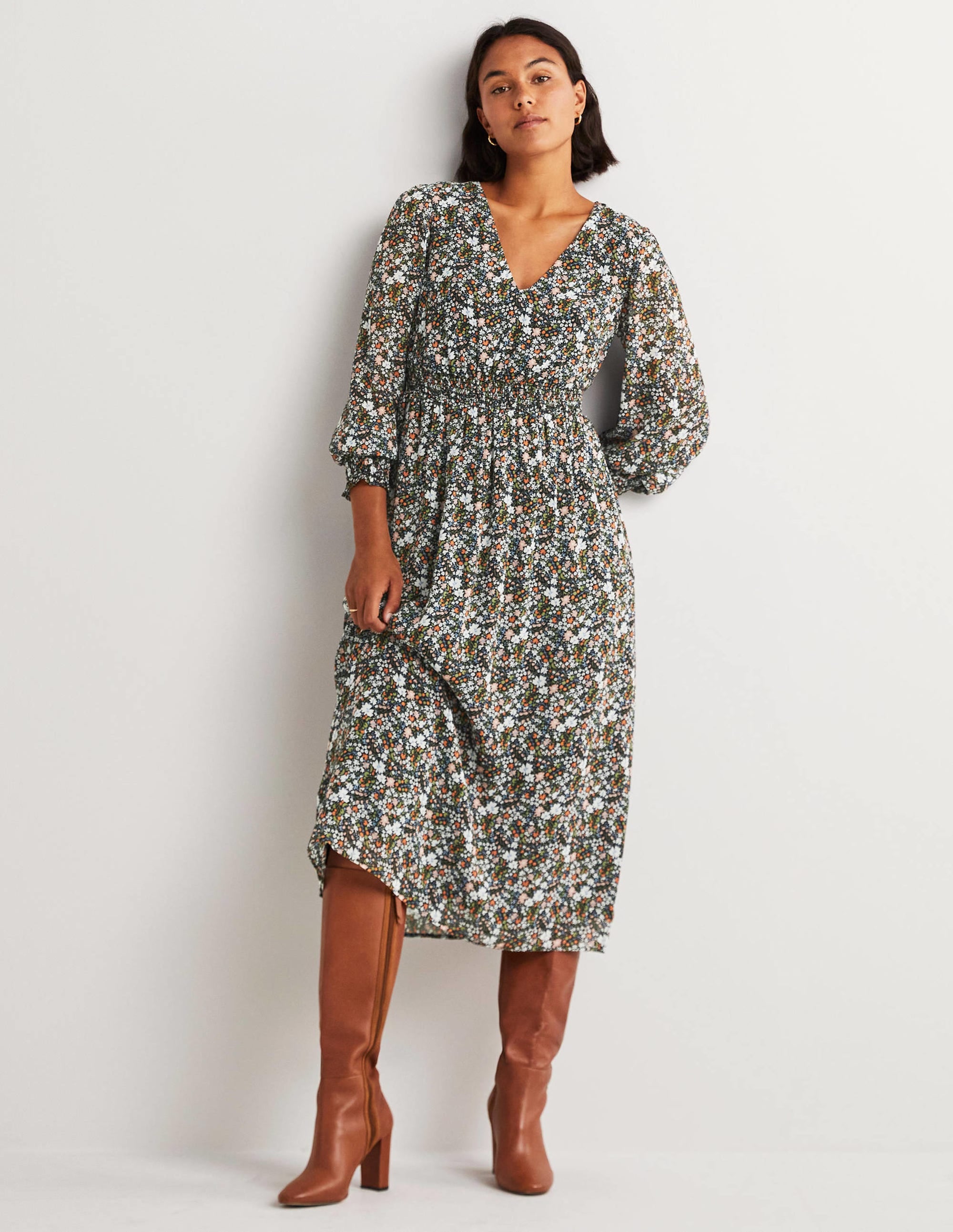 Robe midi à taille smockée-Noir, motif Abstract Ditsy - Image 1