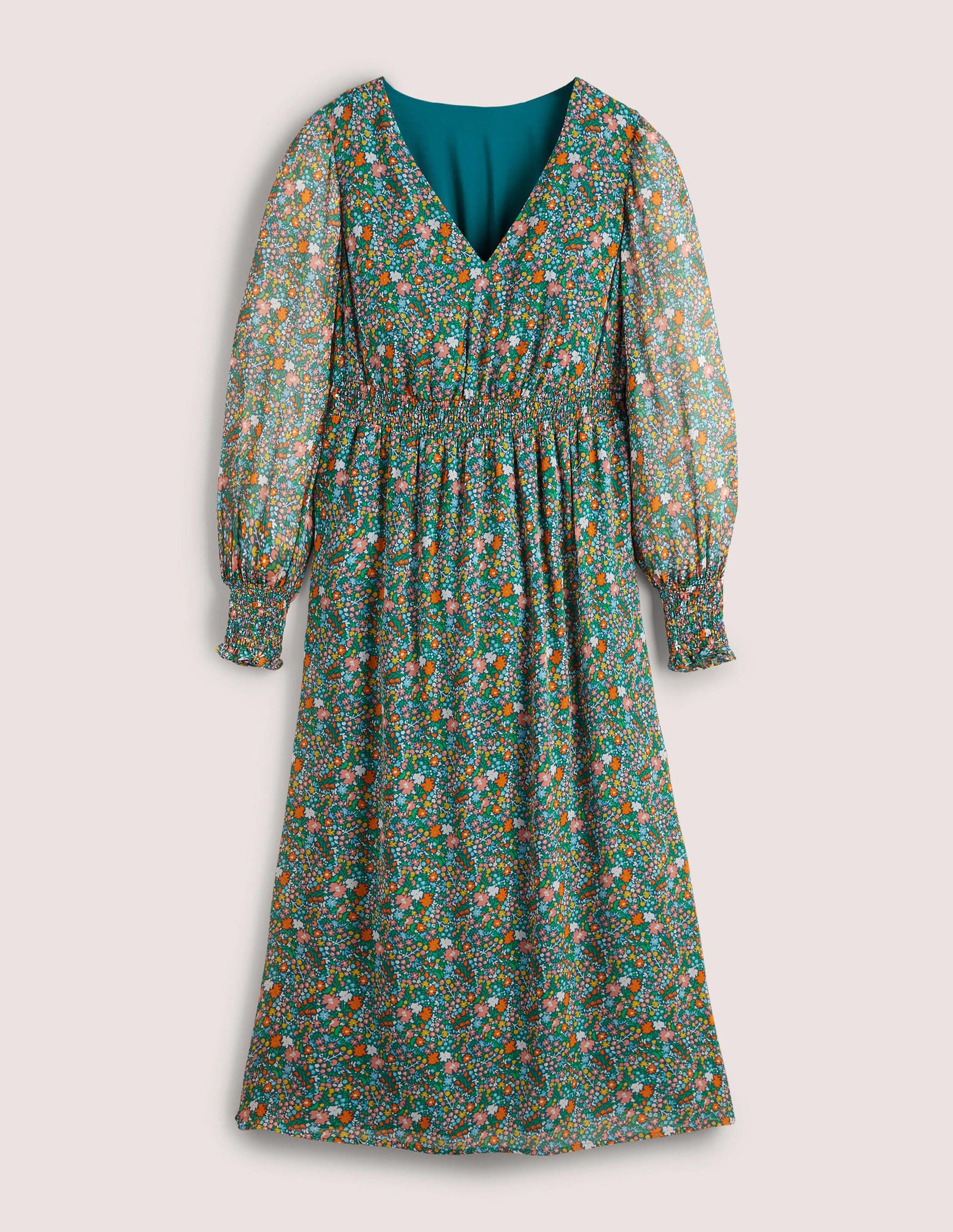 Midikleid mit gesmokter Taille-Bunt, Abstraktes Kleines Blumenmuster-5