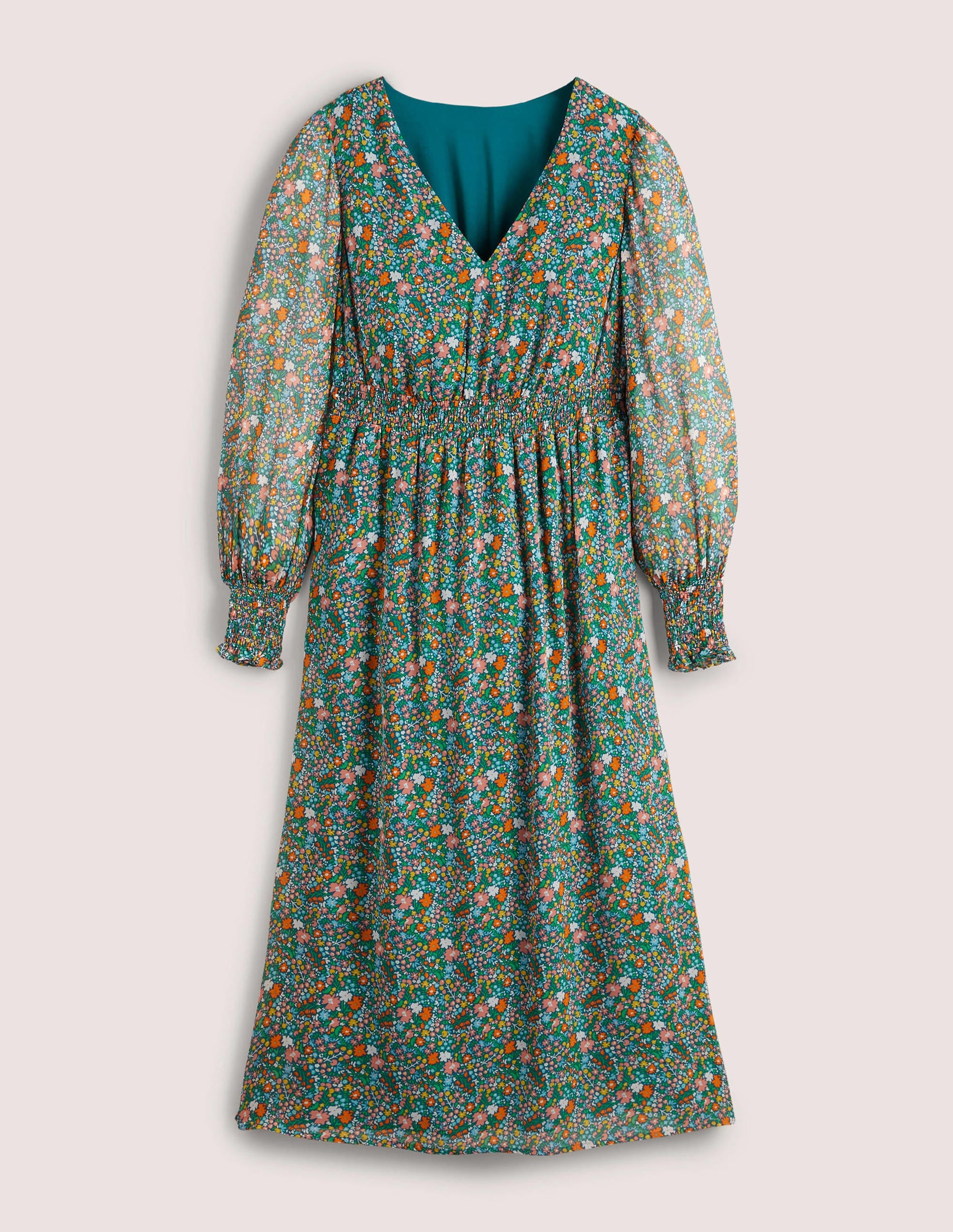 Midikleid mit gesmokter Taille-Bunt, Abstraktes Kleines Blumenmuster - Image 5