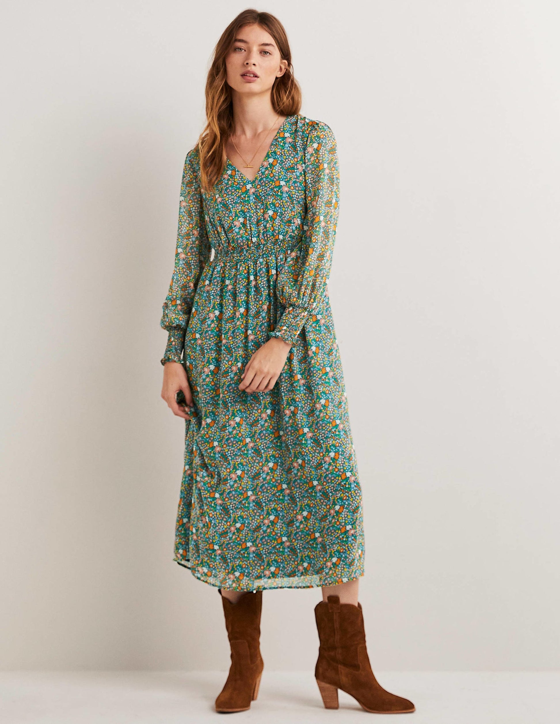 Midikleid mit gesmokter Taille-Bunt, Abstraktes Kleines Blumenmuster-1