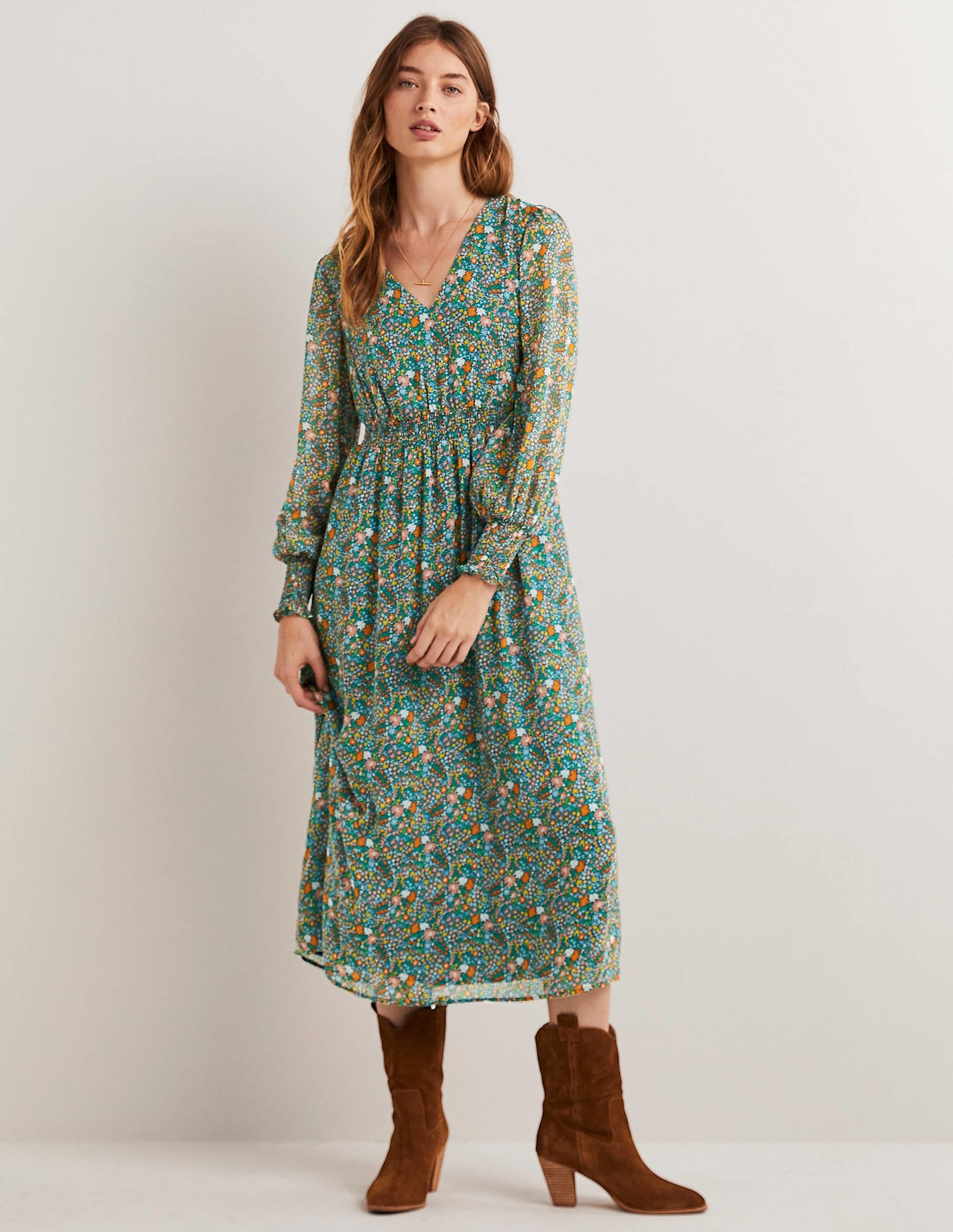 Midikleid mit gesmokter Taille-Bunt, Abstraktes Kleines Blumenmuster - Image 1