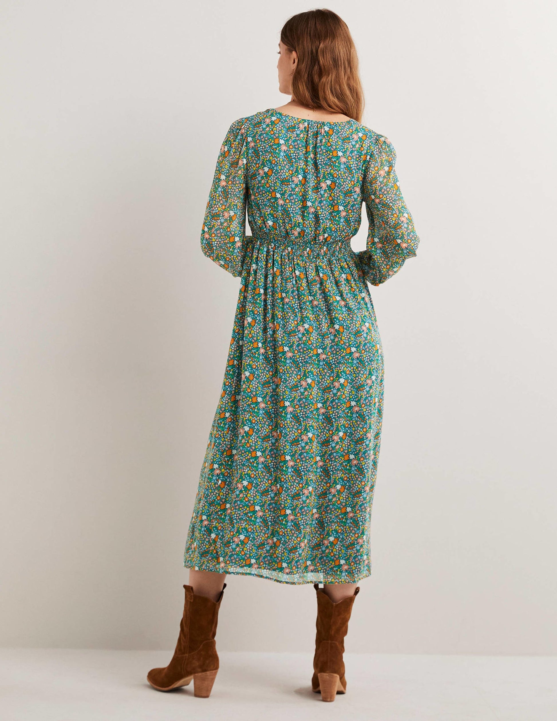 Midikleid mit gesmokter Taille-Bunt, Abstraktes Kleines Blumenmuster-3