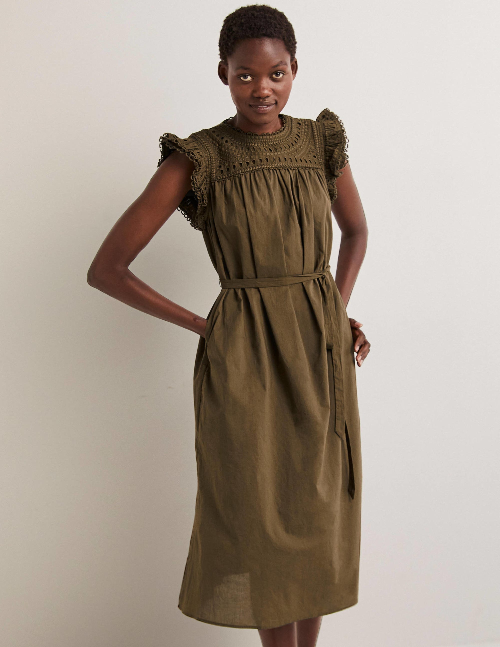 Midikleid mit Lochstickerei-Basilikumgrün - Image 1