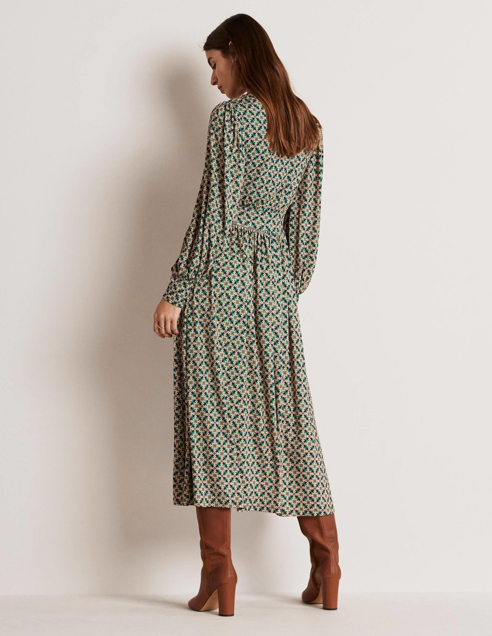 Fixed Wrap Jersey Midi Dress-Shady Glade, Square Geo - Image 7