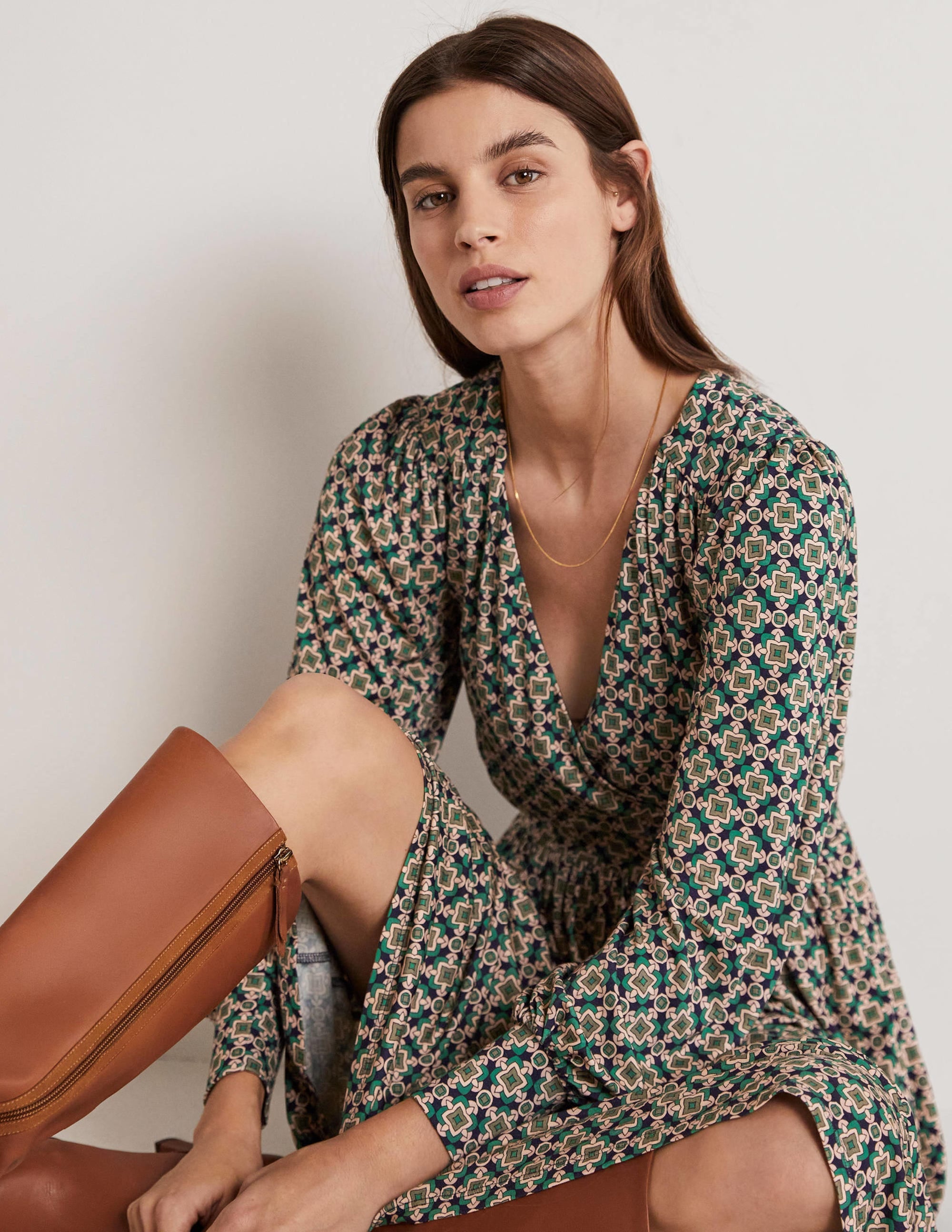 Fixed Wrap Jersey Midi Dress-Shady Glade, Square Geo - Image 8