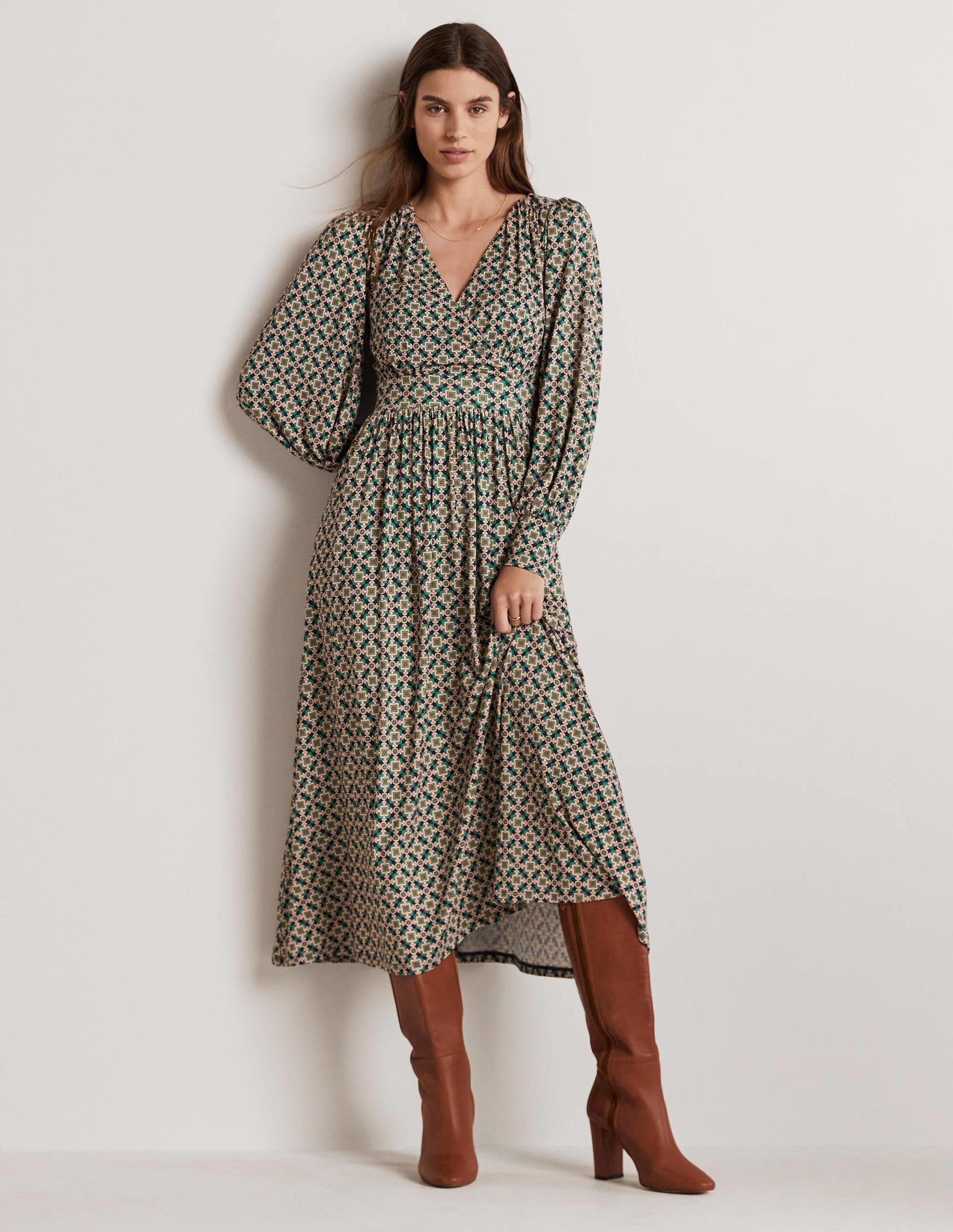 Fixed Wrap Jersey Midi Dress-Shady Glade, Square Geo - Image 1