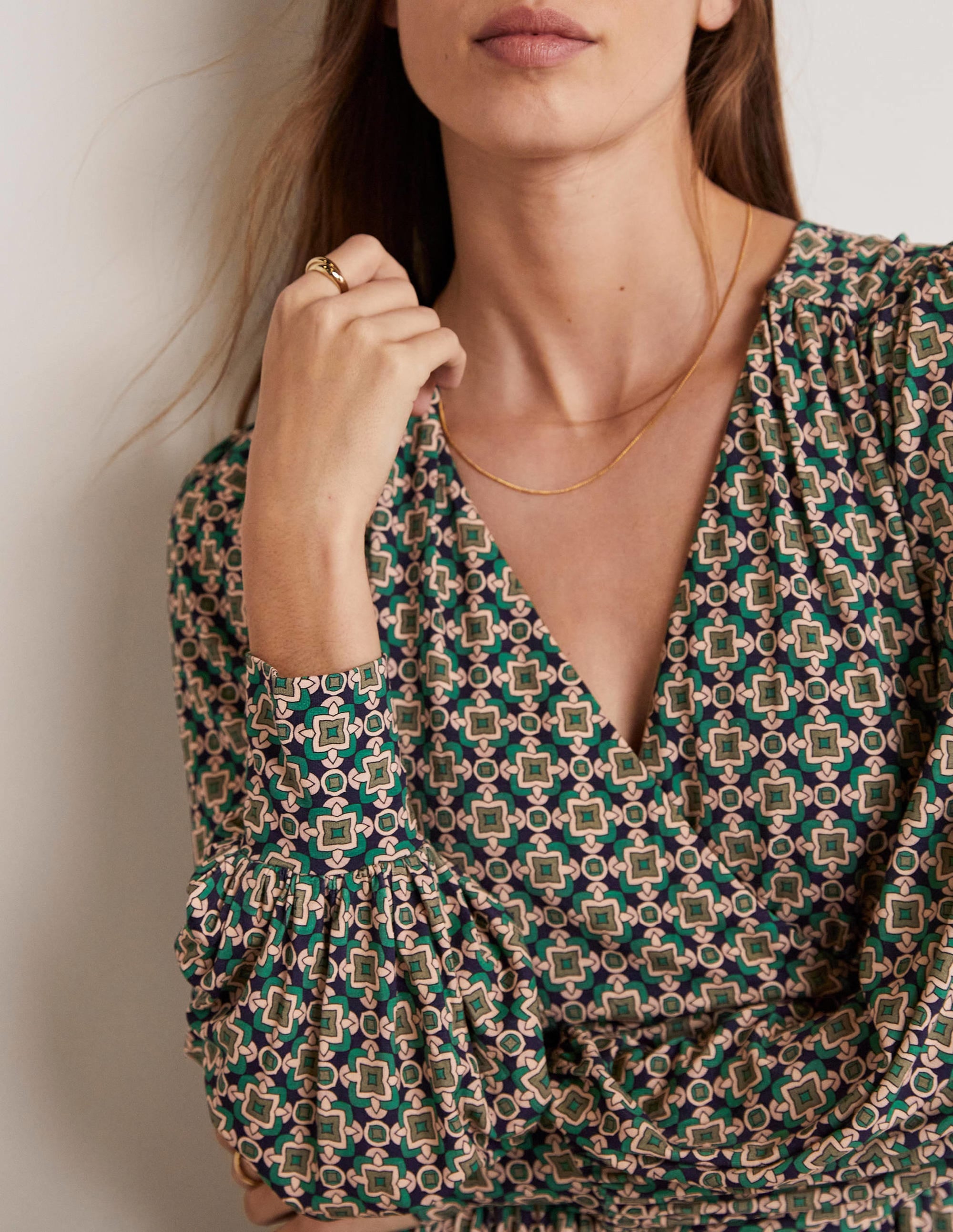 Fixed Wrap Jersey Midi Dress-Shady Glade, Square Geo - Image 2