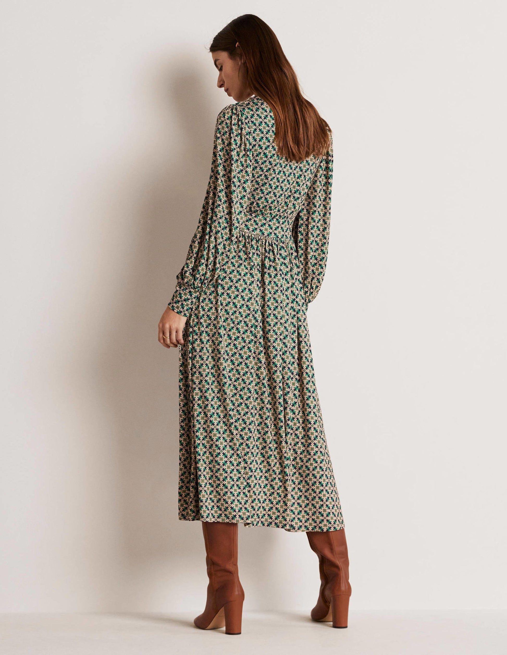 Fixed Wrap Jersey Midi Dress-Shady Glade, Square Geo-3
