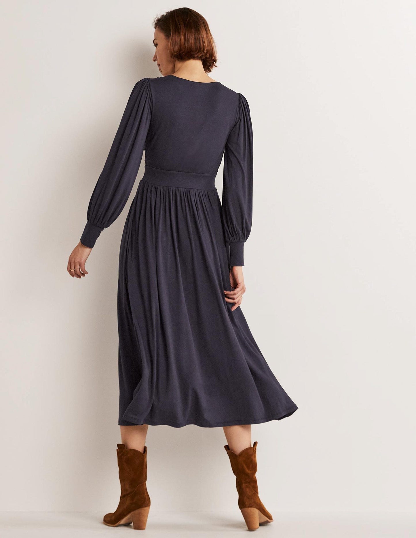 Jersey-Midikleid mit fixierter Wickeloptik-Marineblau