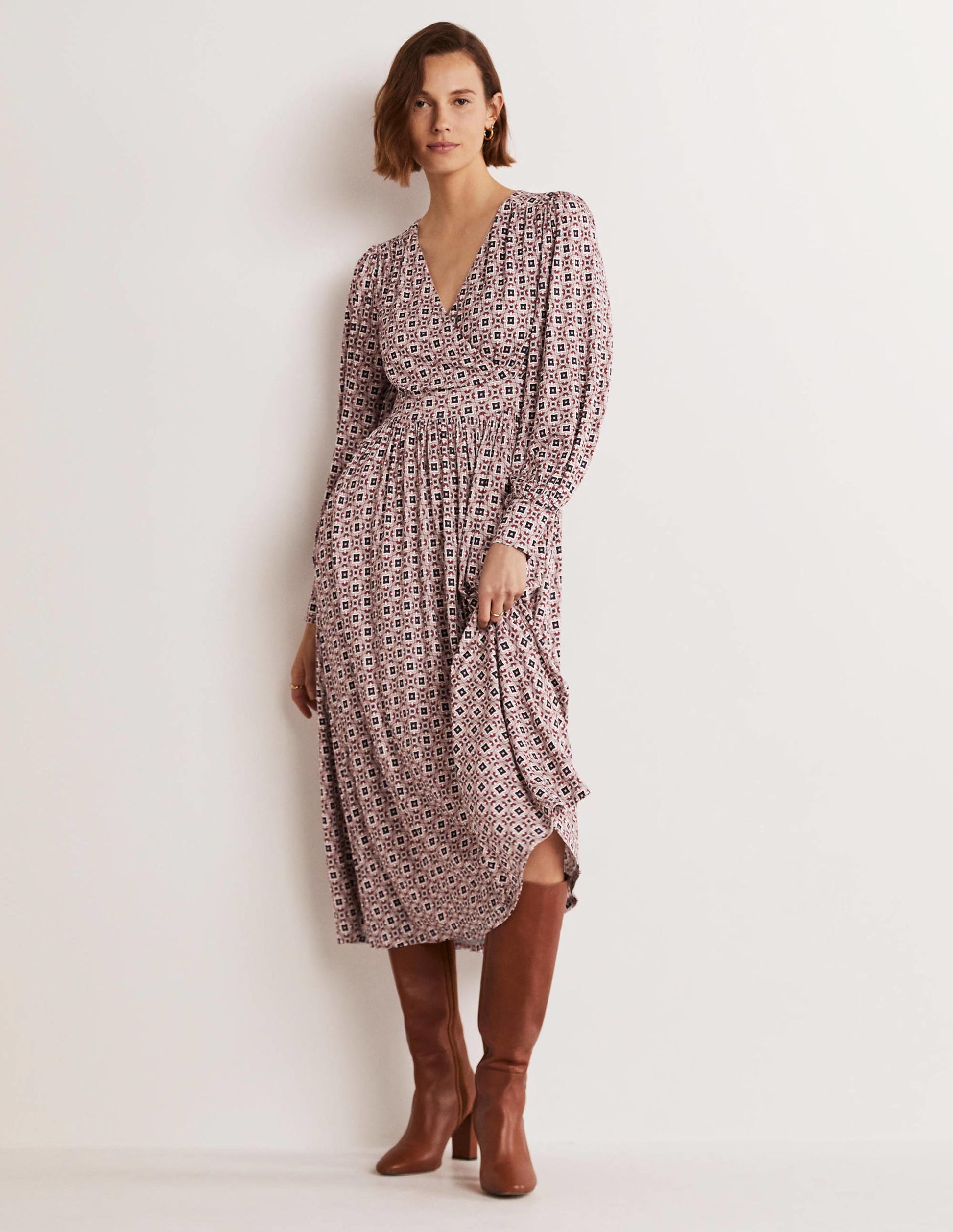Fixed Wrap Jersey Midi Dress-Almond Pink, Square Geo-6