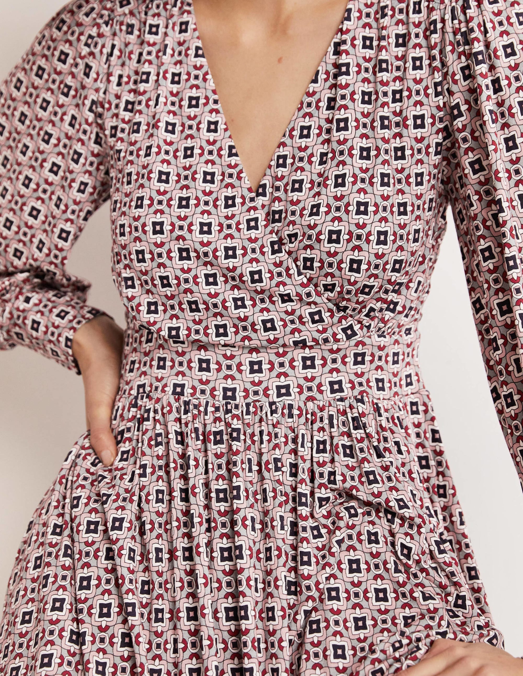 Fixed Wrap Jersey Midi Dress-Almond Pink, Square Geo - Image 7