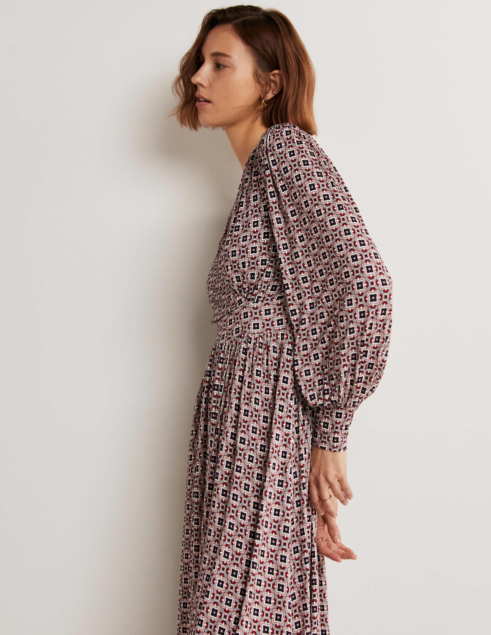 Fixed Wrap Jersey Midi Dress-Almond Pink, Square Geo-10
