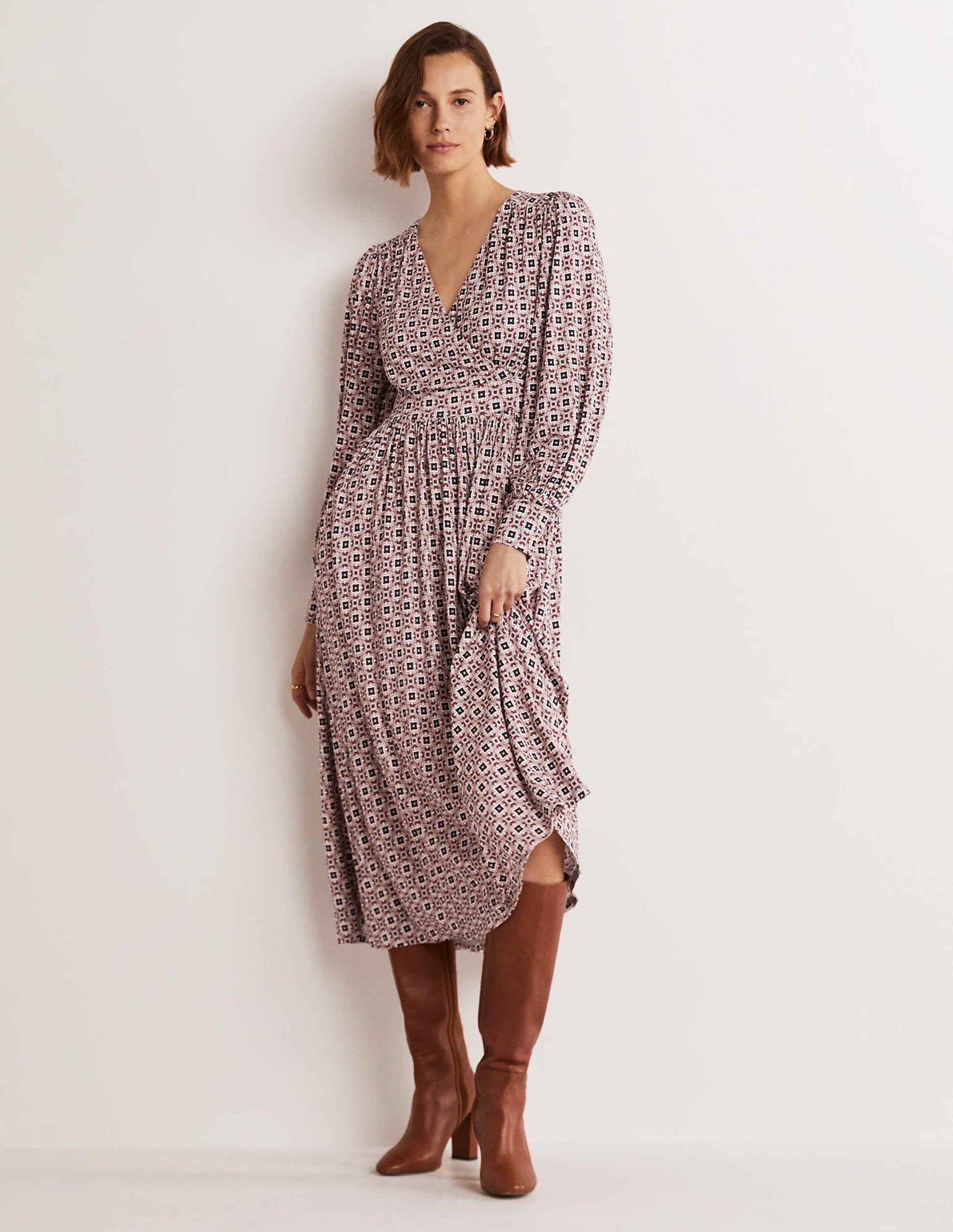Fixed Wrap Jersey Midi Dress-Almond Pink, Square Geo-1