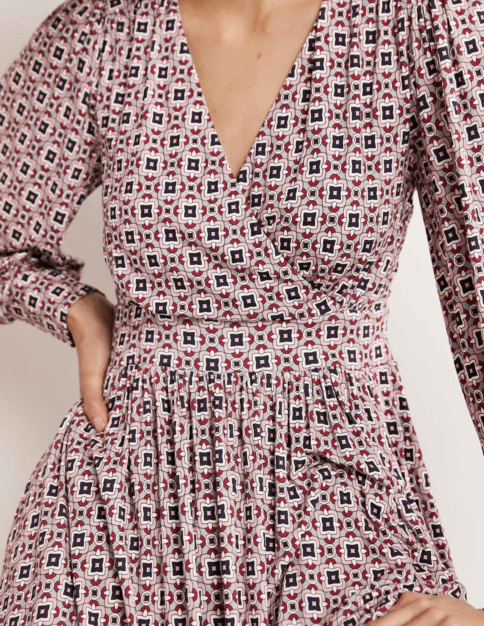 Fixed Wrap Jersey Midi Dress-Almond Pink, Square Geo - Image 2