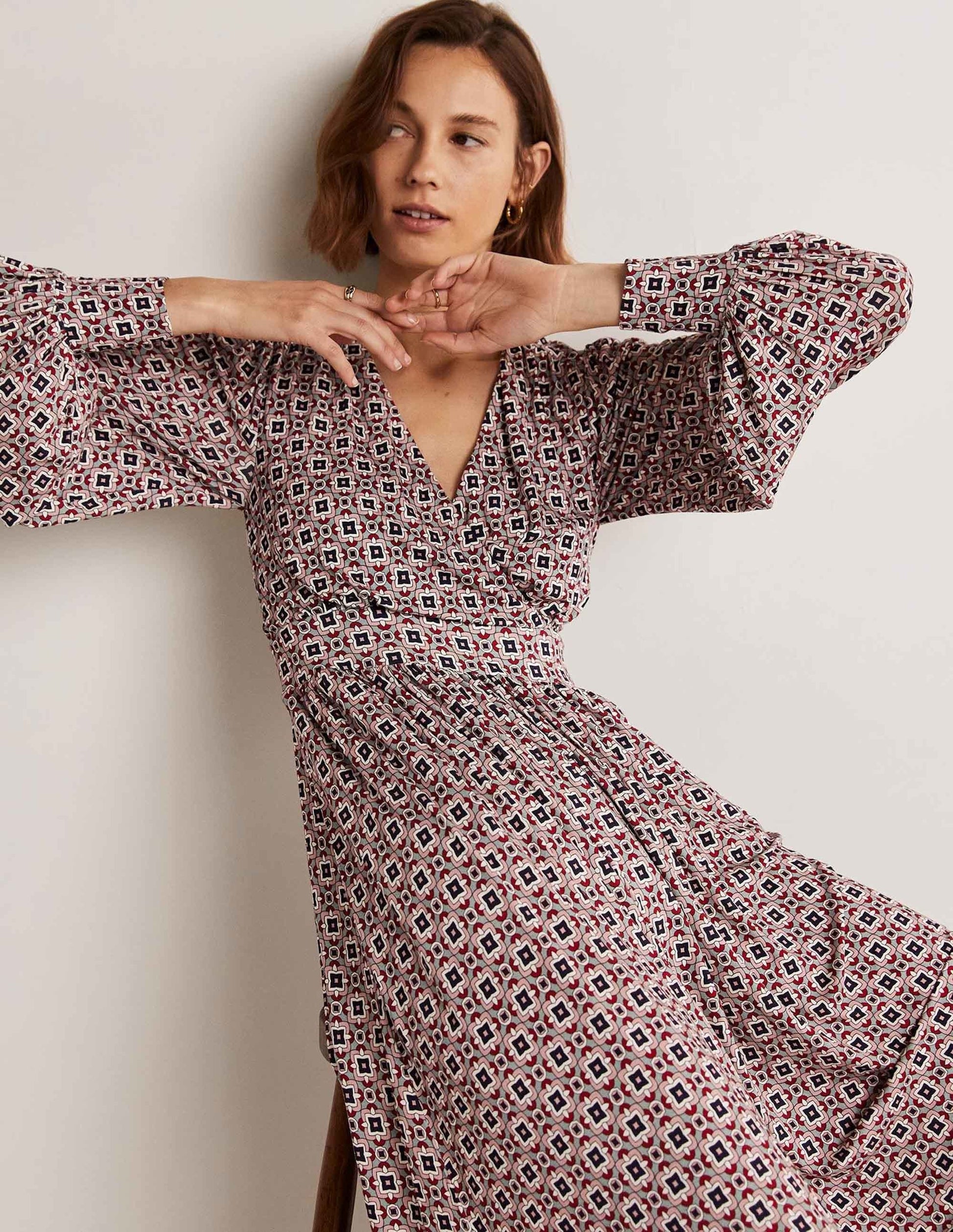 Fixed Wrap Jersey Midi Dress-Almond Pink, Square Geo-4