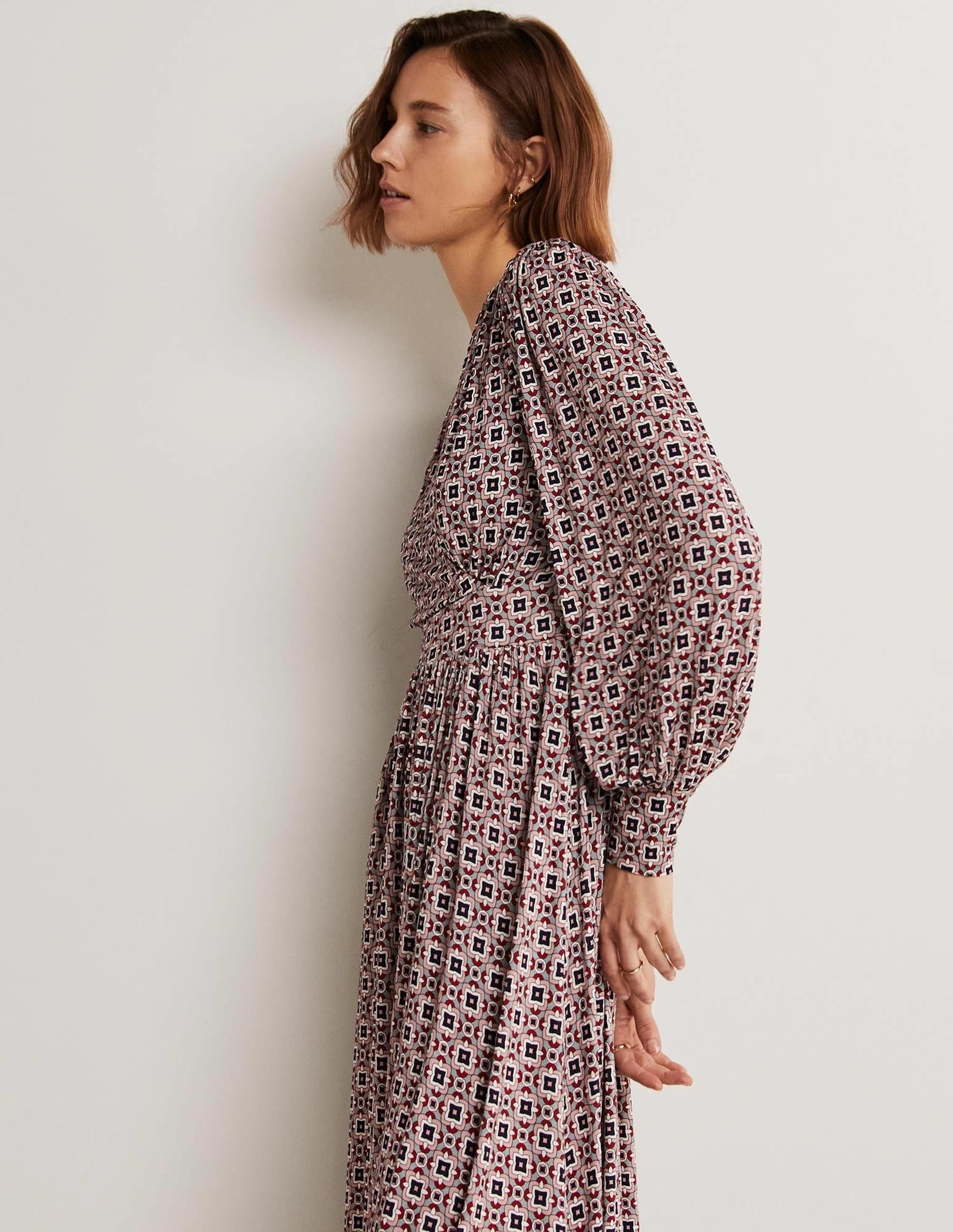 Fixed Wrap Jersey Midi Dress-Almond Pink, Square Geo - Image 5