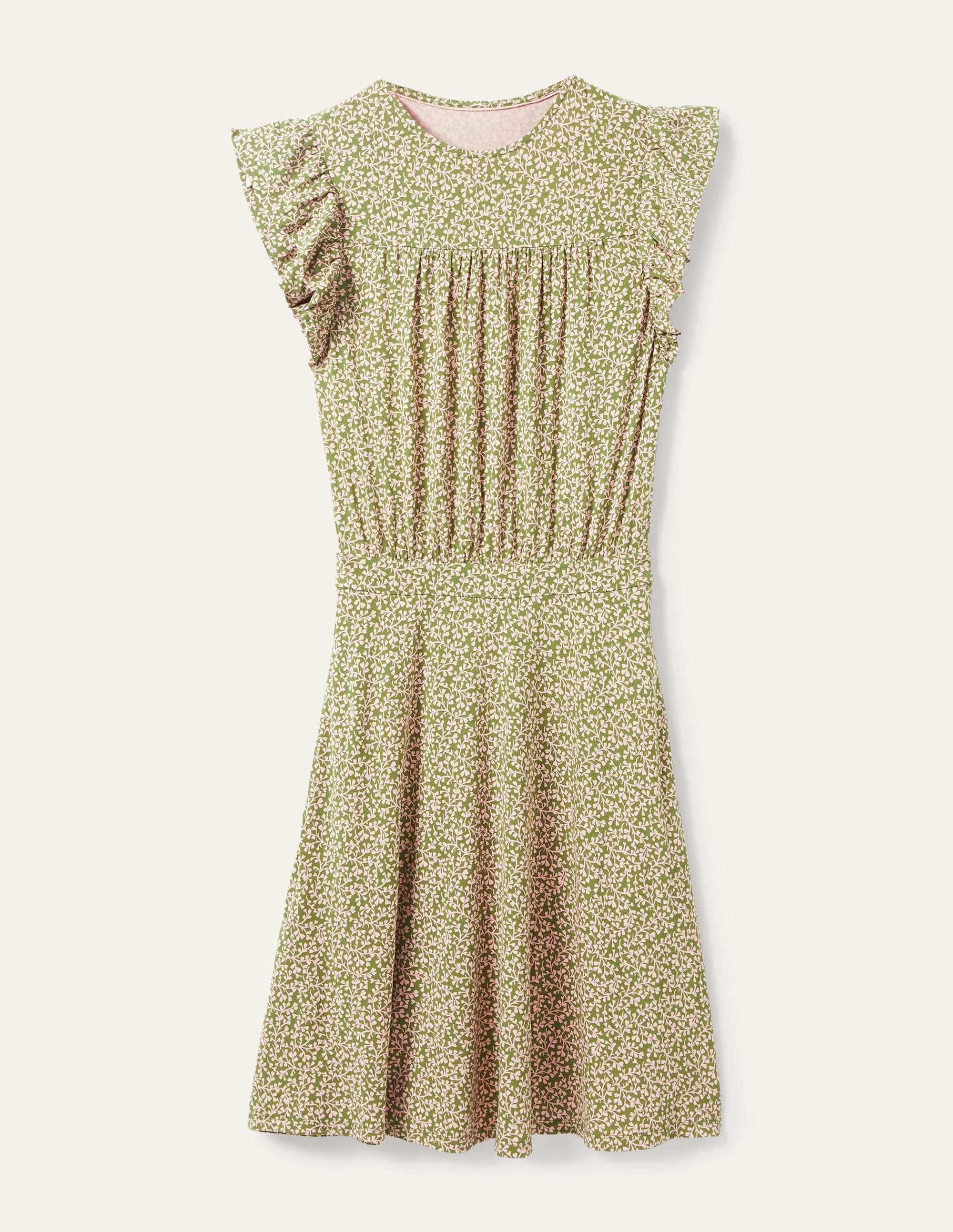 Gemustertes Minikleid mit Rüschen-Basilikumgrün, Blattmuster - Image 5