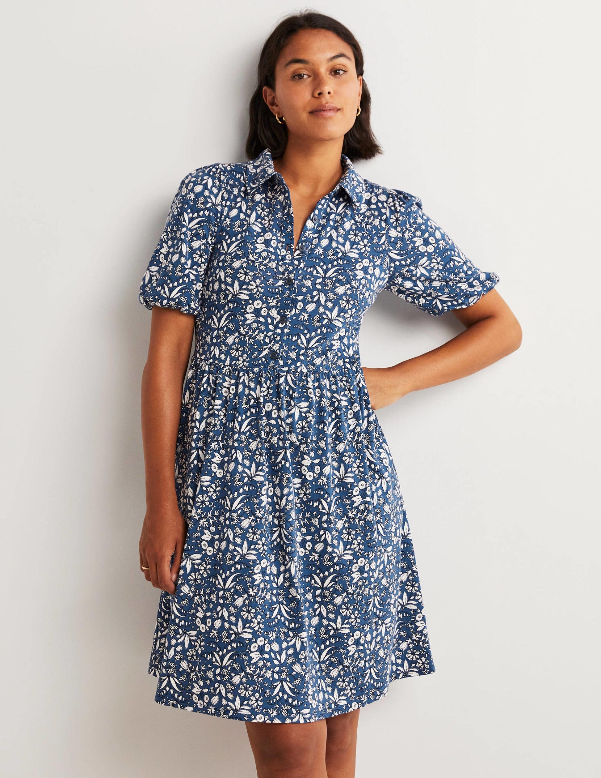 Mini robe-chemise en jersey-Bleu mer, fleur sauvage-1