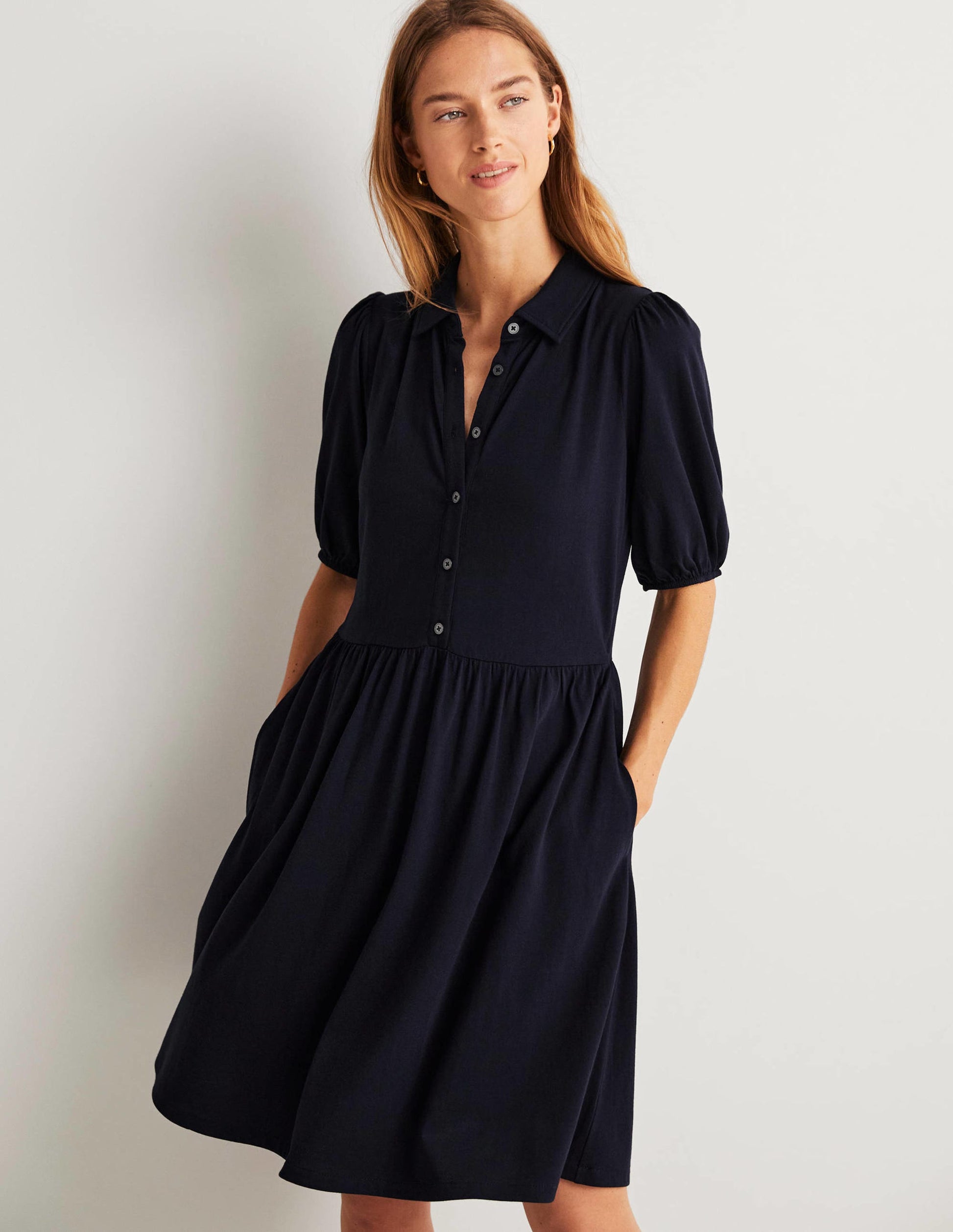 Mini Jersey Shirt Dress-Navy-1
