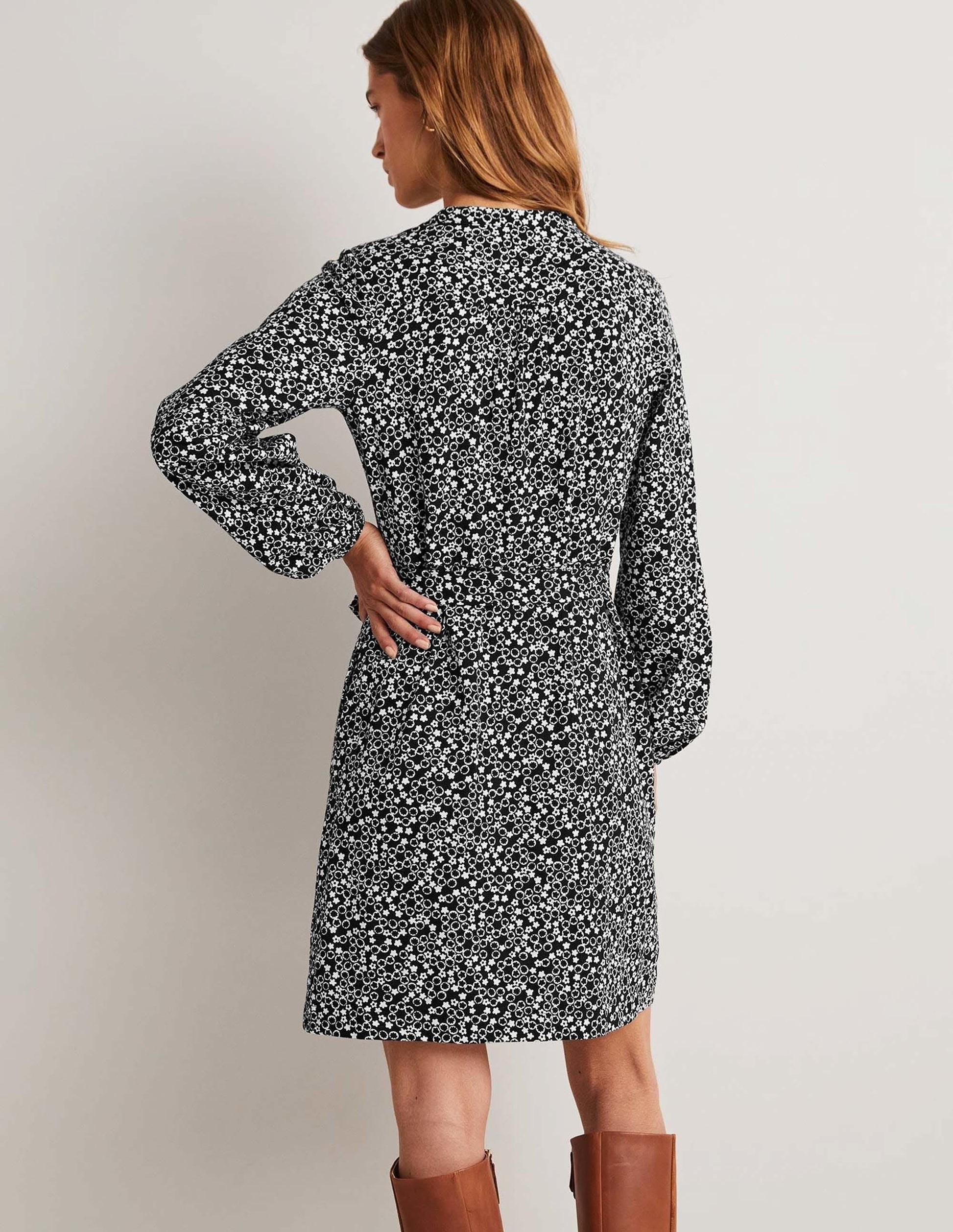 Belted Jersey Shirt Dress-Black, Floral Pebble-8