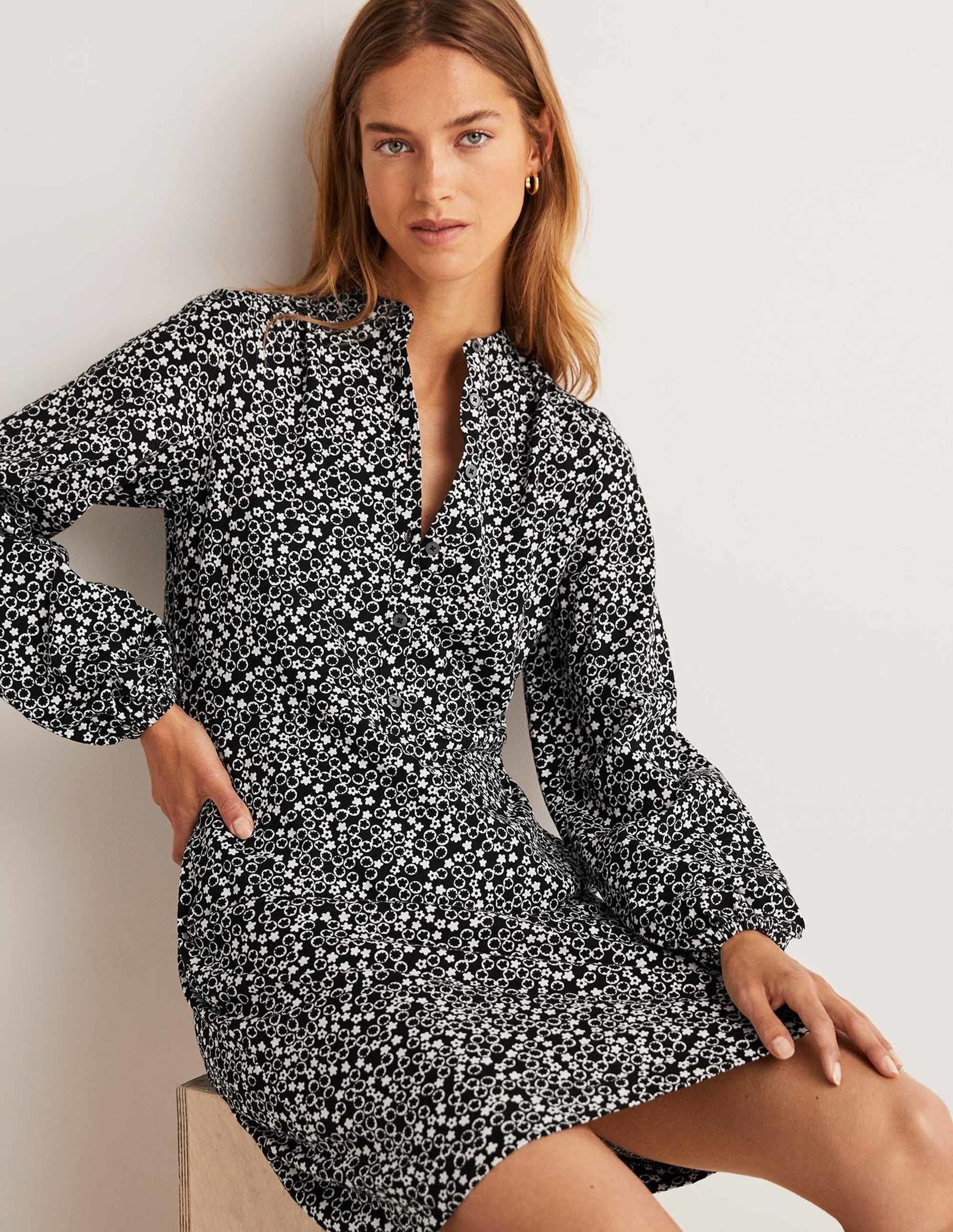 Belted Jersey Shirt Dress-Black, Floral Pebble-9