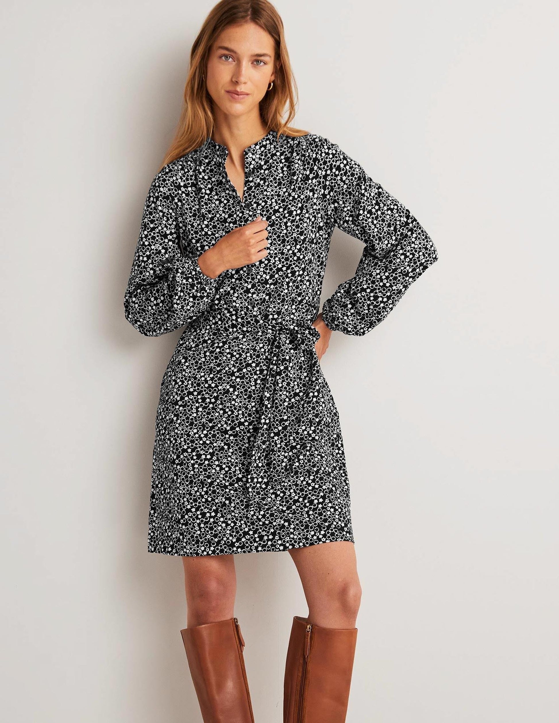 Belted Jersey Shirt Dress-Black, Floral Pebble-1