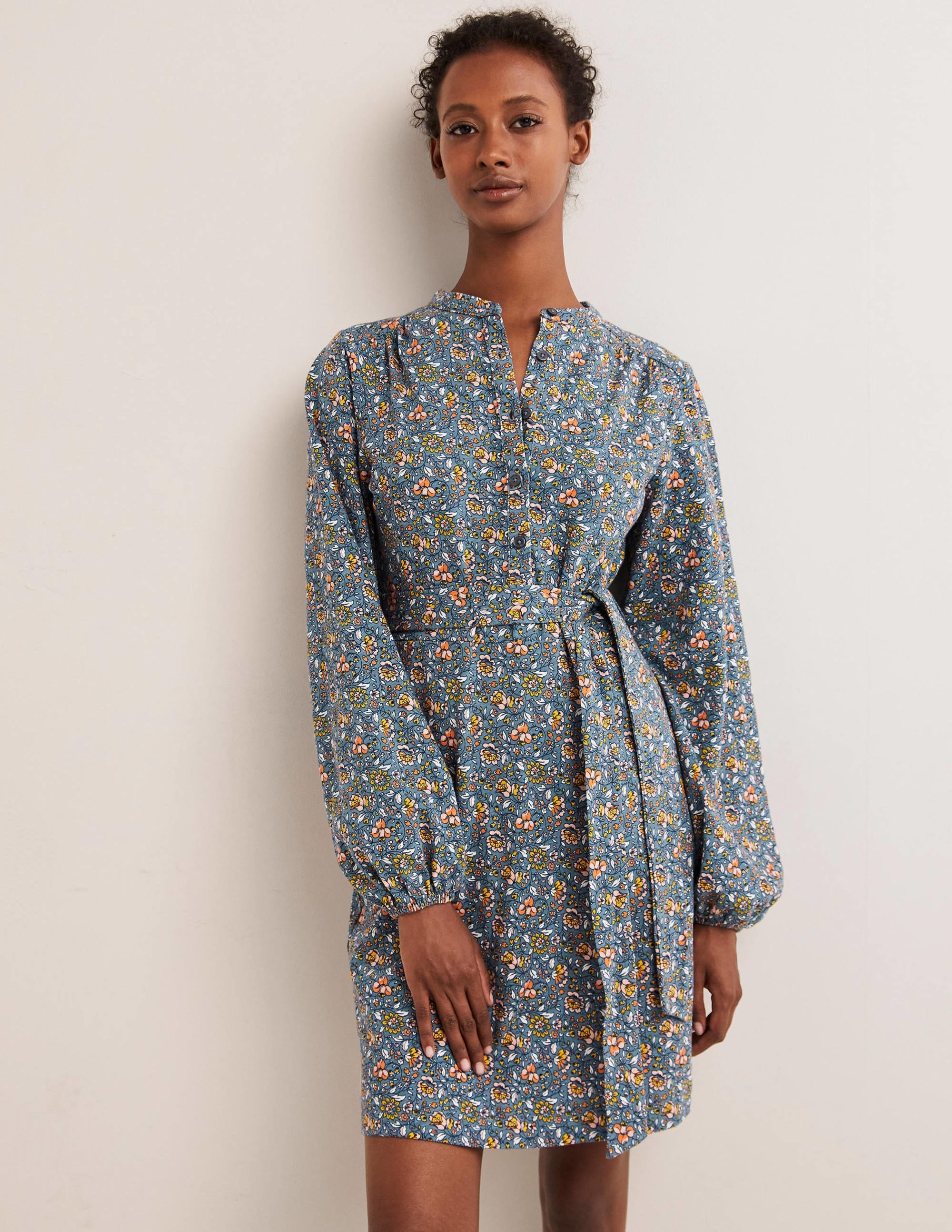 Belted Jersey Shirt Dress-Mid Blue, Botanic Meadow - Image 4