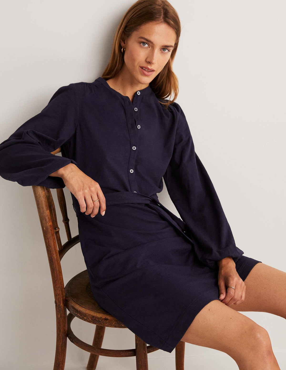Belted Jersey Shirt Dress-Navy - Image 4