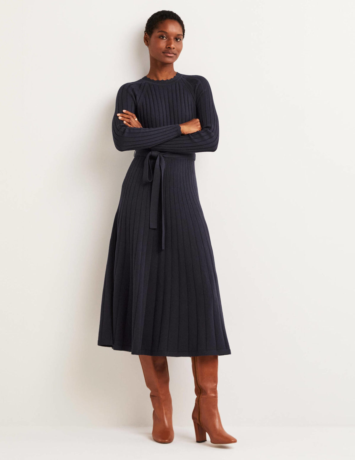 Midi-Strickkleid mit Rippdetails-Marineblau - Image 1