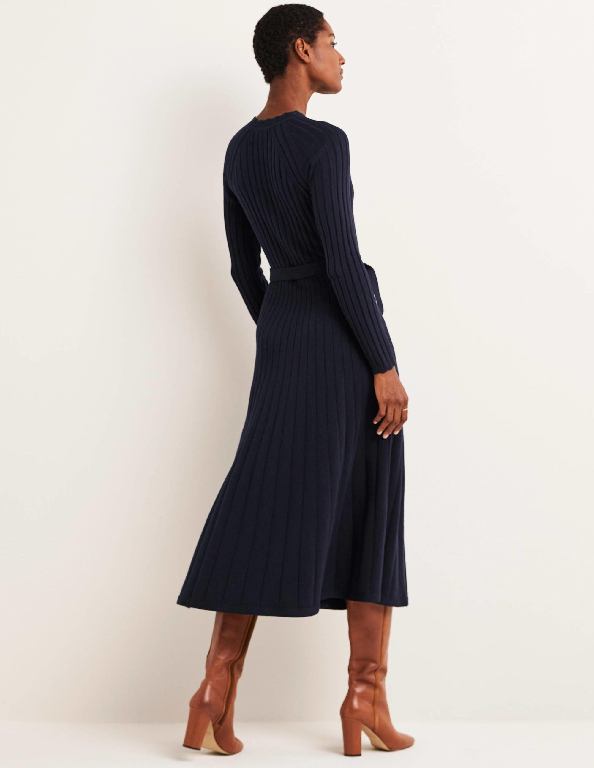 Midi-Strickkleid mit Rippdetails-Marineblau - Image 3